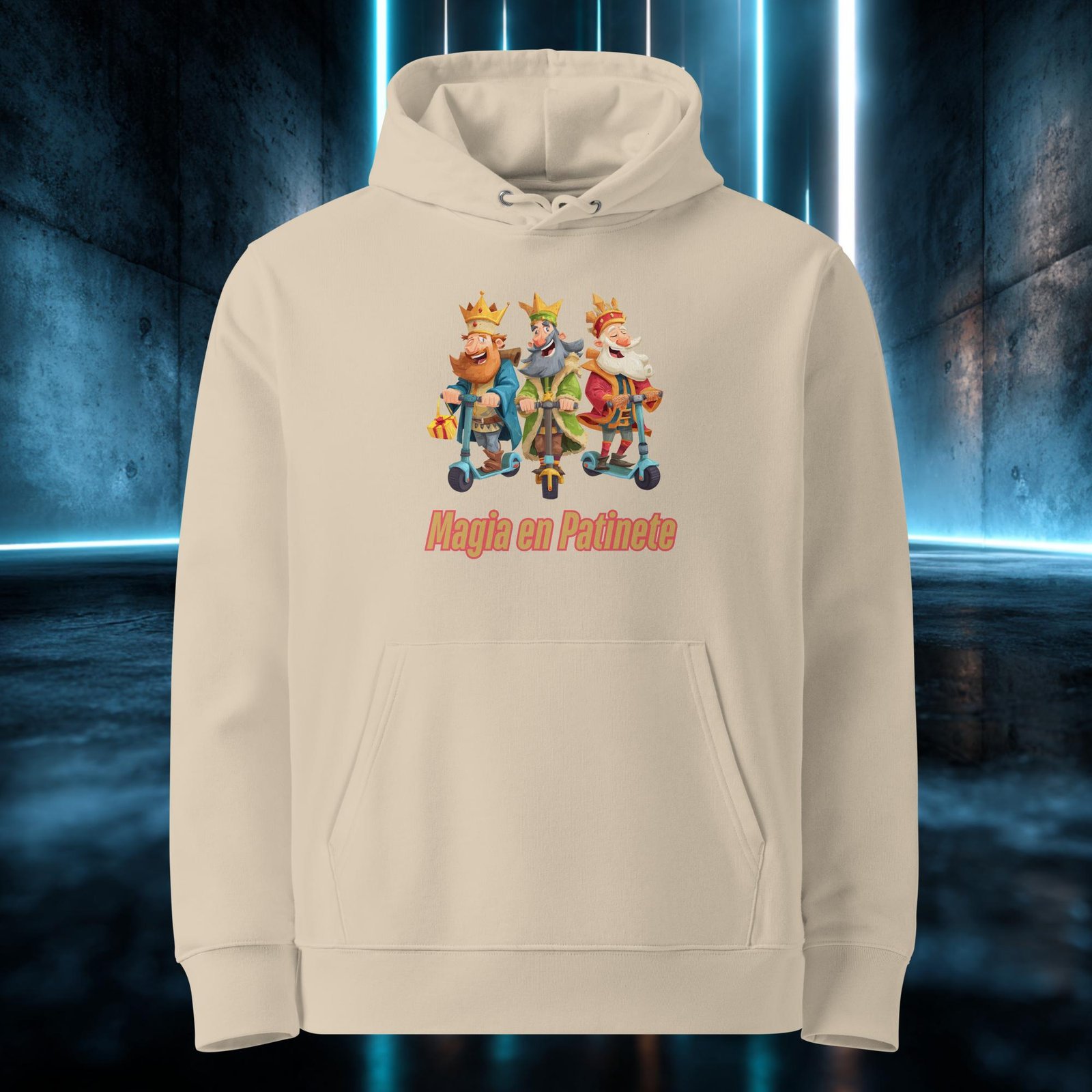 Sudadera orgánica con diseño Magia en Patinete — detalle del estampado