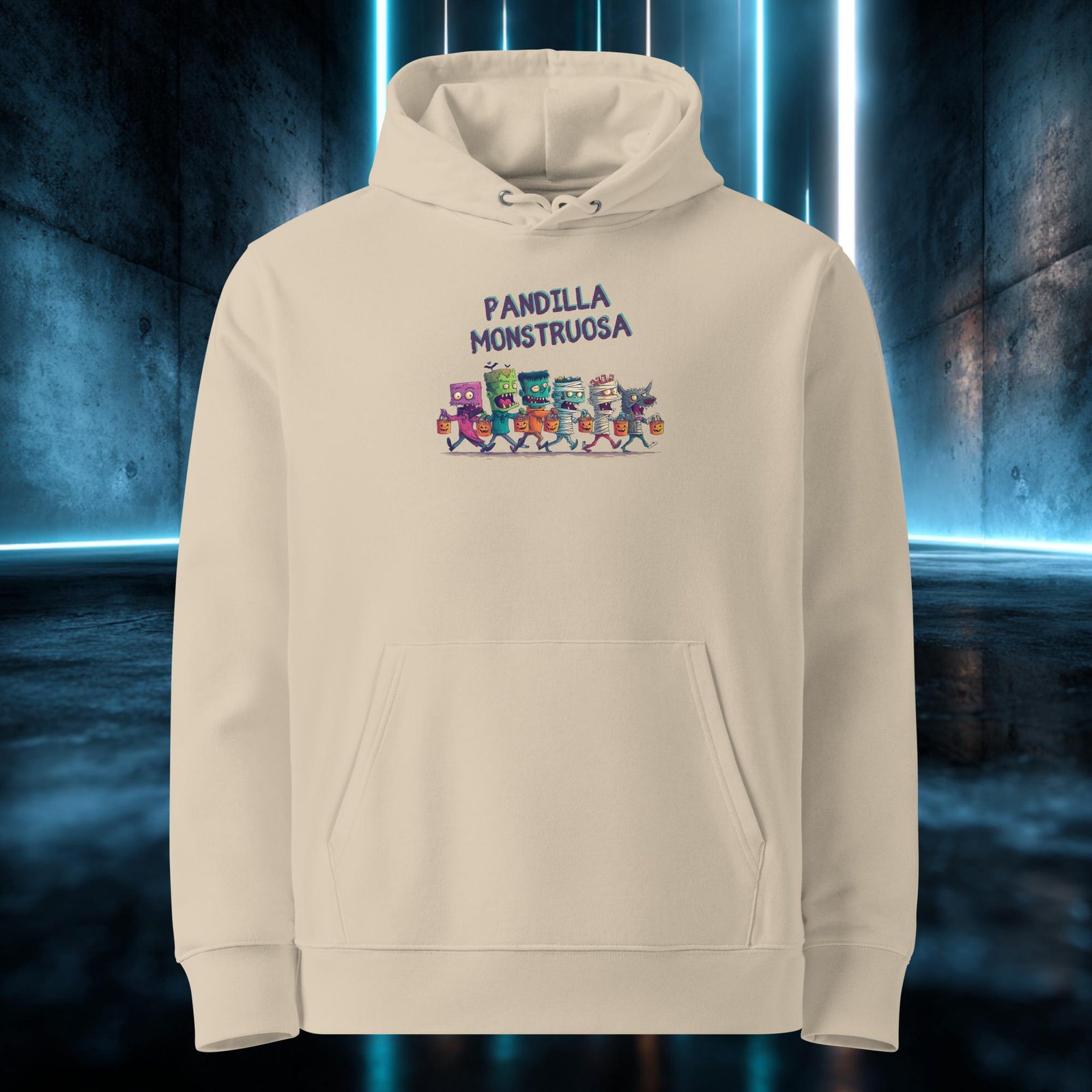 Sudadera orgánica con diseño Pandilla Monstruosa — detalle del estampado