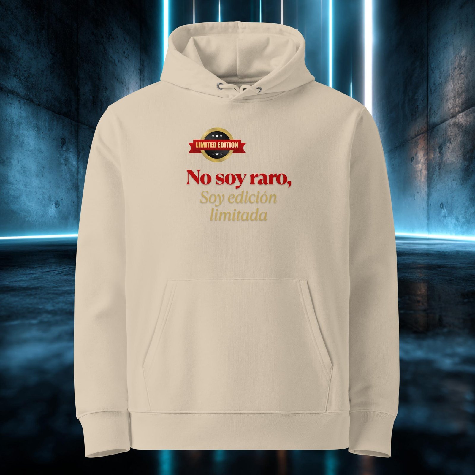 Sudadera orgánica con diseño No Soy Raro, Edición Limitada — detalle del estampado