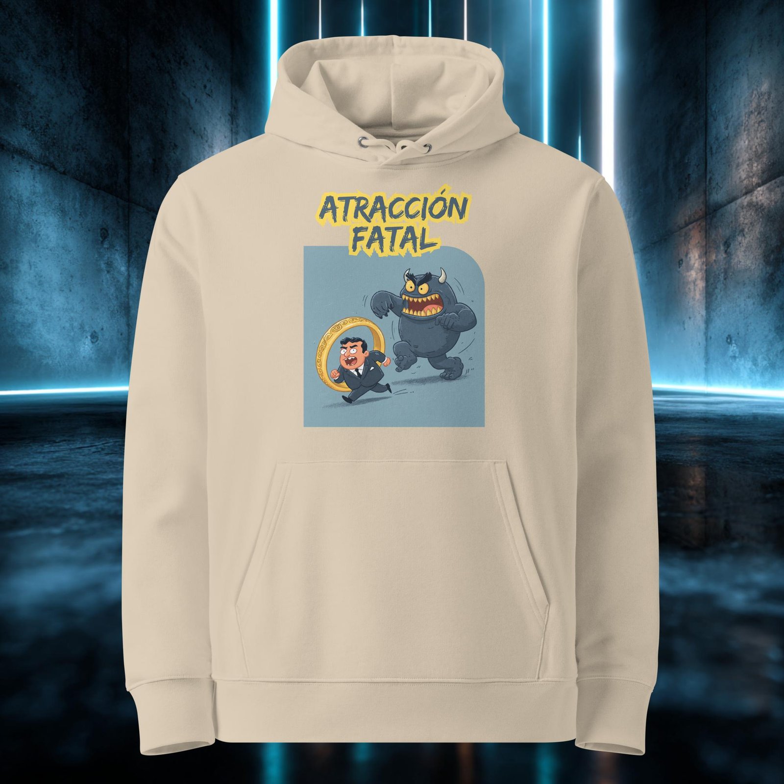Sudadera orgánica con diseño Atracción Fatal — detalle del estampado