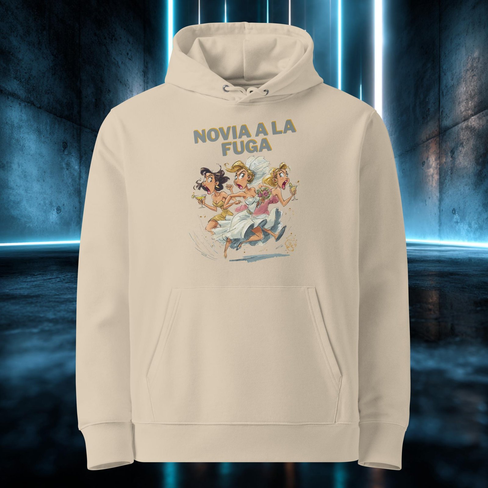 Sudadera orgánica con diseño Novia a la Fuga — detalle del estampado