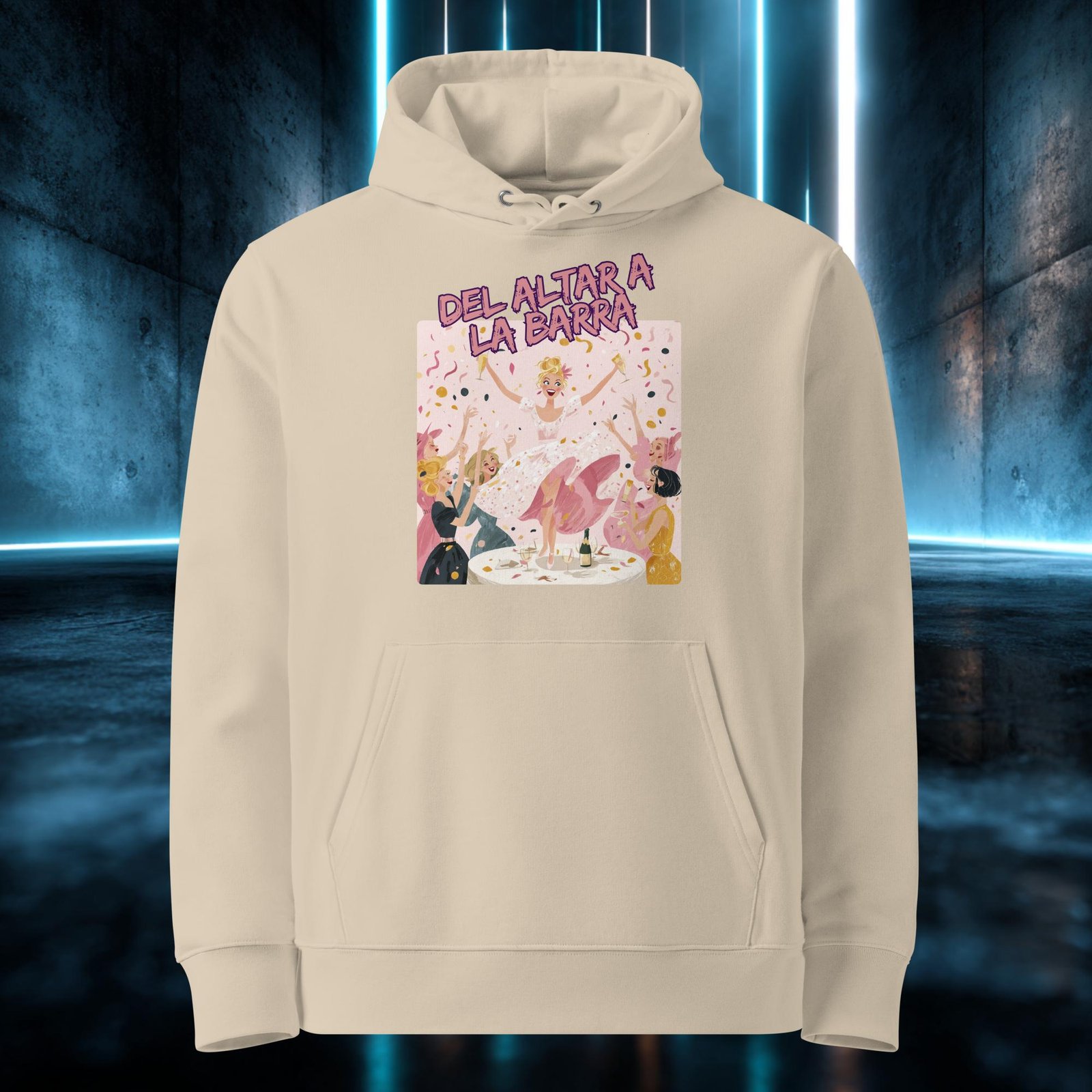 Sudadera orgánica con diseño Del Altar a la Barra — detalle del estampado