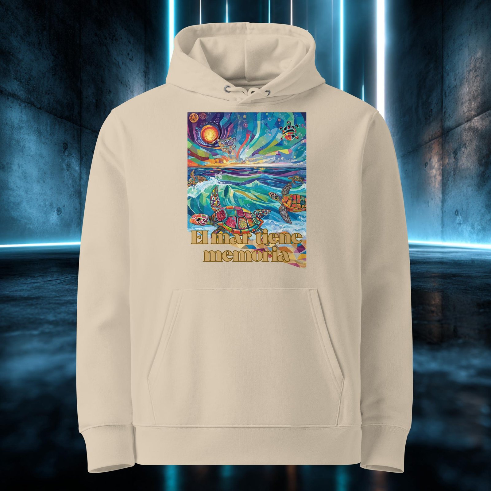 Sudadera orgánica con diseño El Mar Tiene Memoria — detalle del estampado