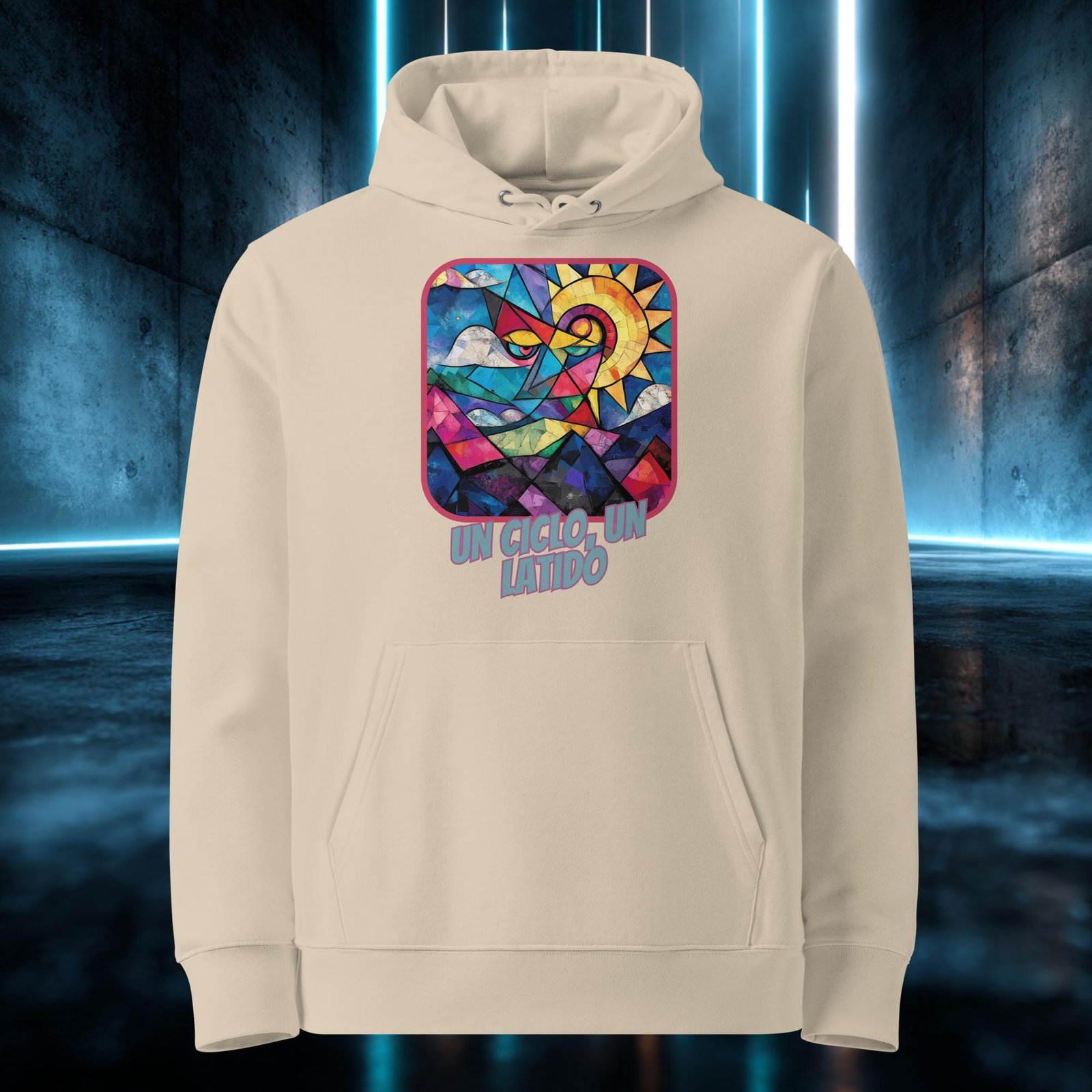 Sudadera orgánica con diseño Un Ciclo, un Latido — detalle del estampado