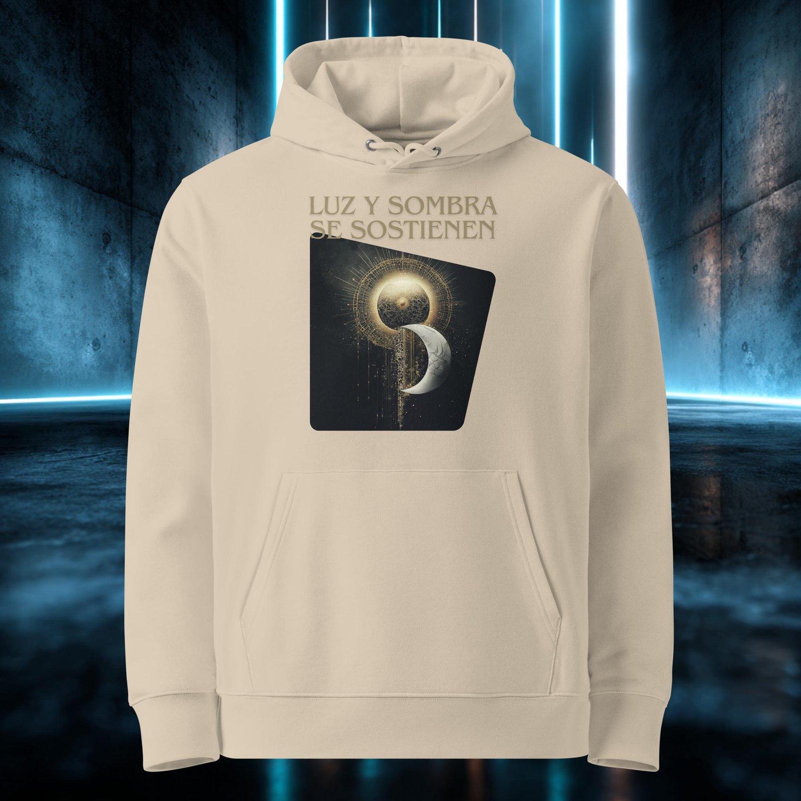 Sudadera orgánica con diseño Luz y Sombra Se Sostienen — detalle del estampado