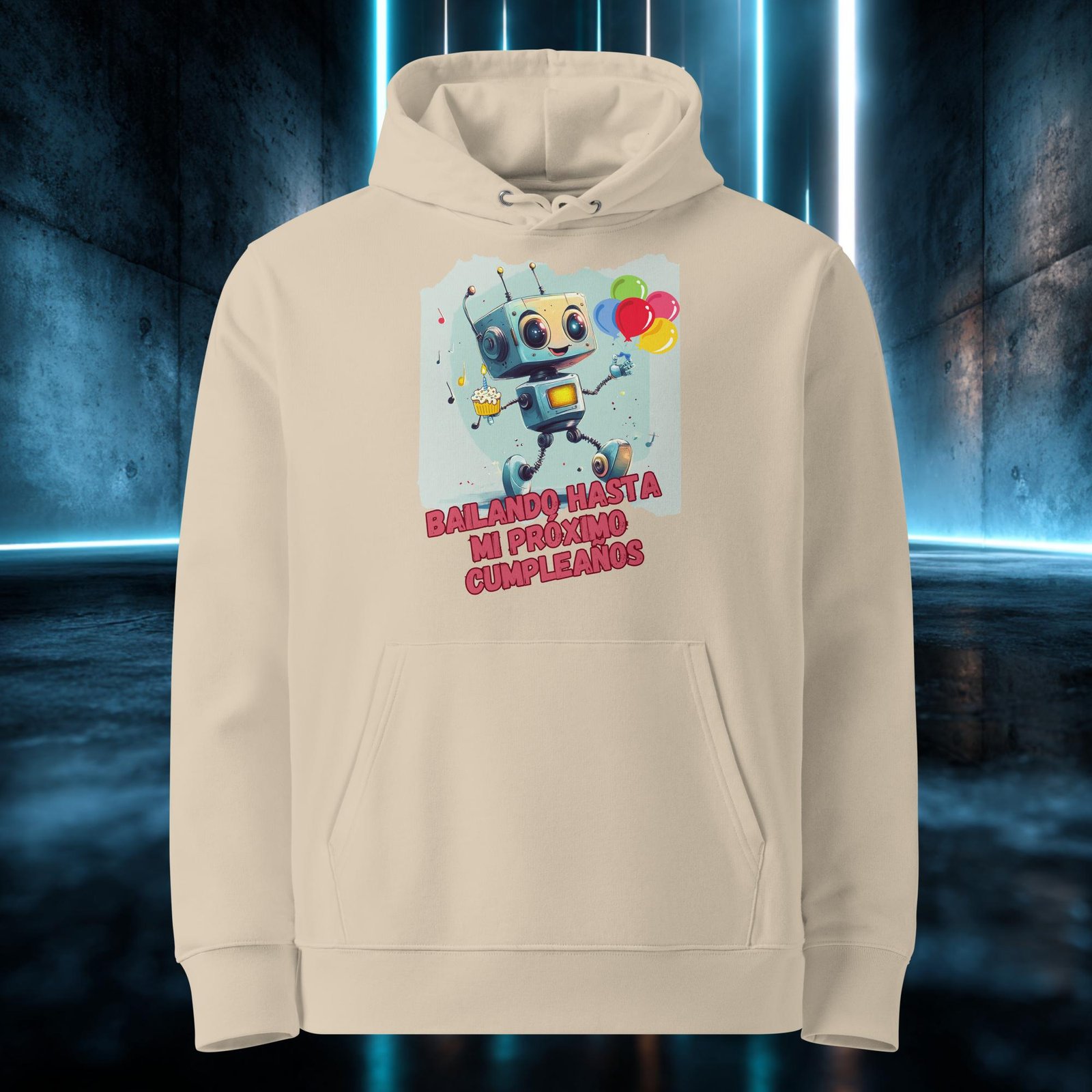 Sudadera orgánica con diseño Bailando Hasta mi Próximo Cumpleaños — detalle del estampado