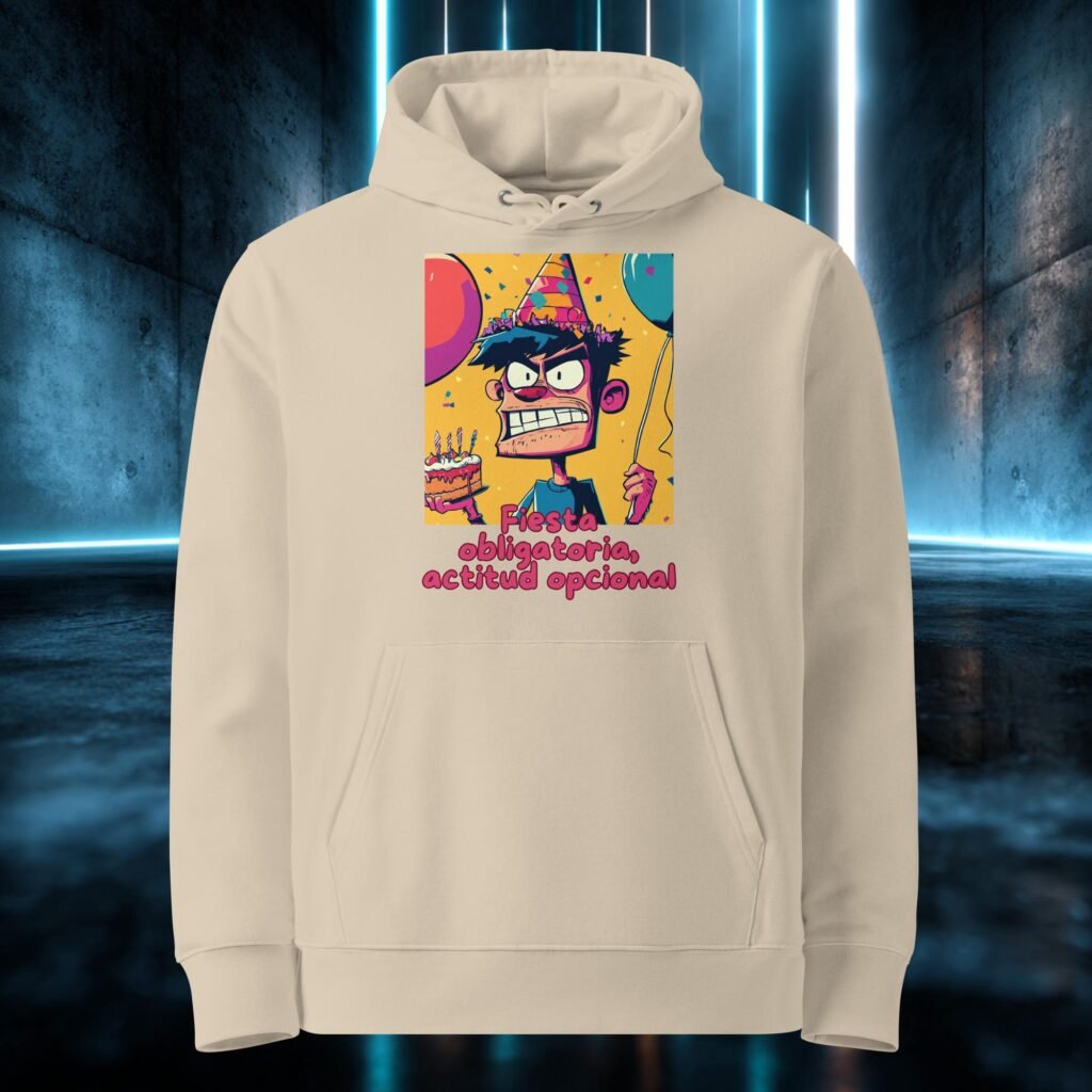 Sudadera orgánica con diseño Fiesta Obligatoria, Actitud Opcional