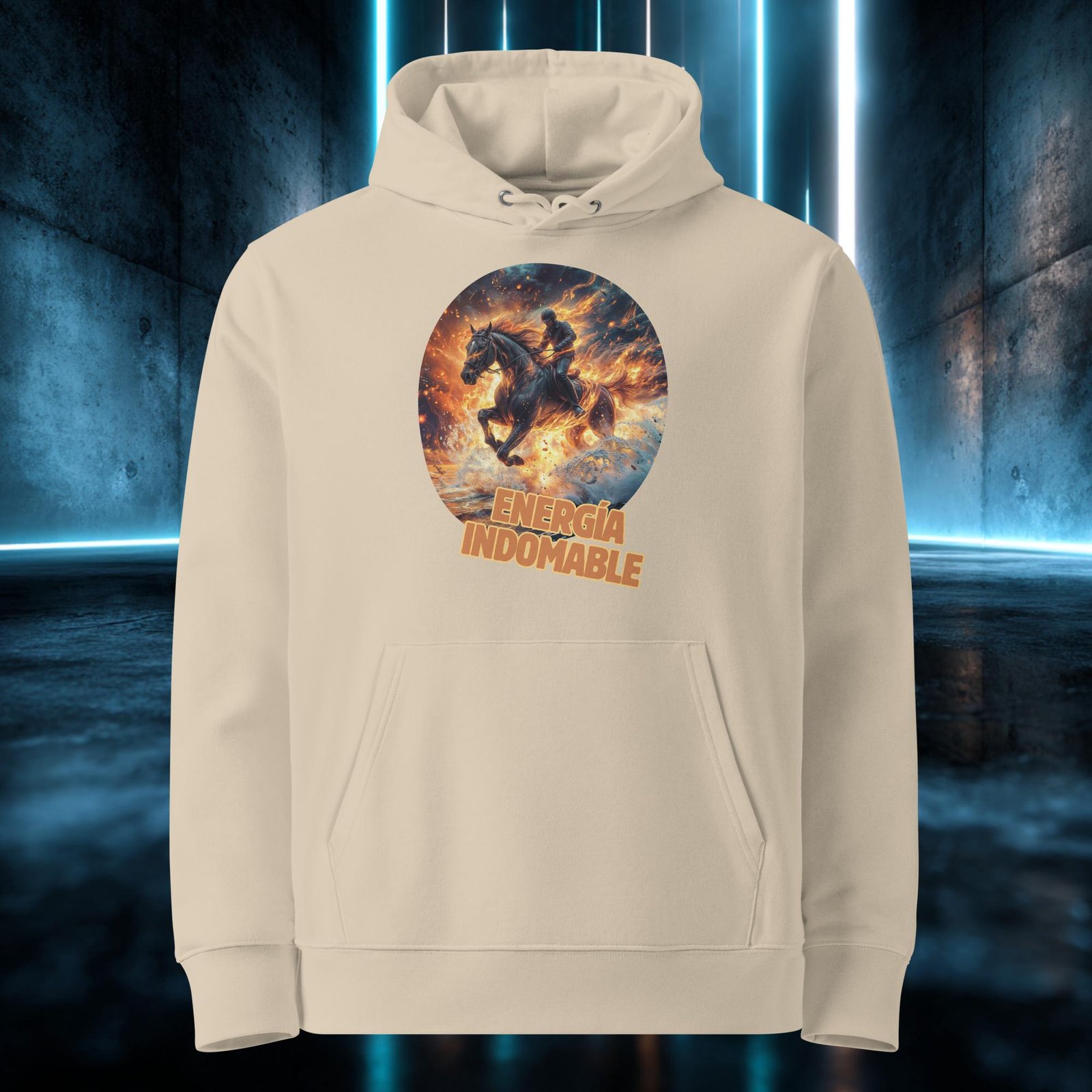 Sudadera orgánica con diseño Energía Indomable — detalle del estampado
