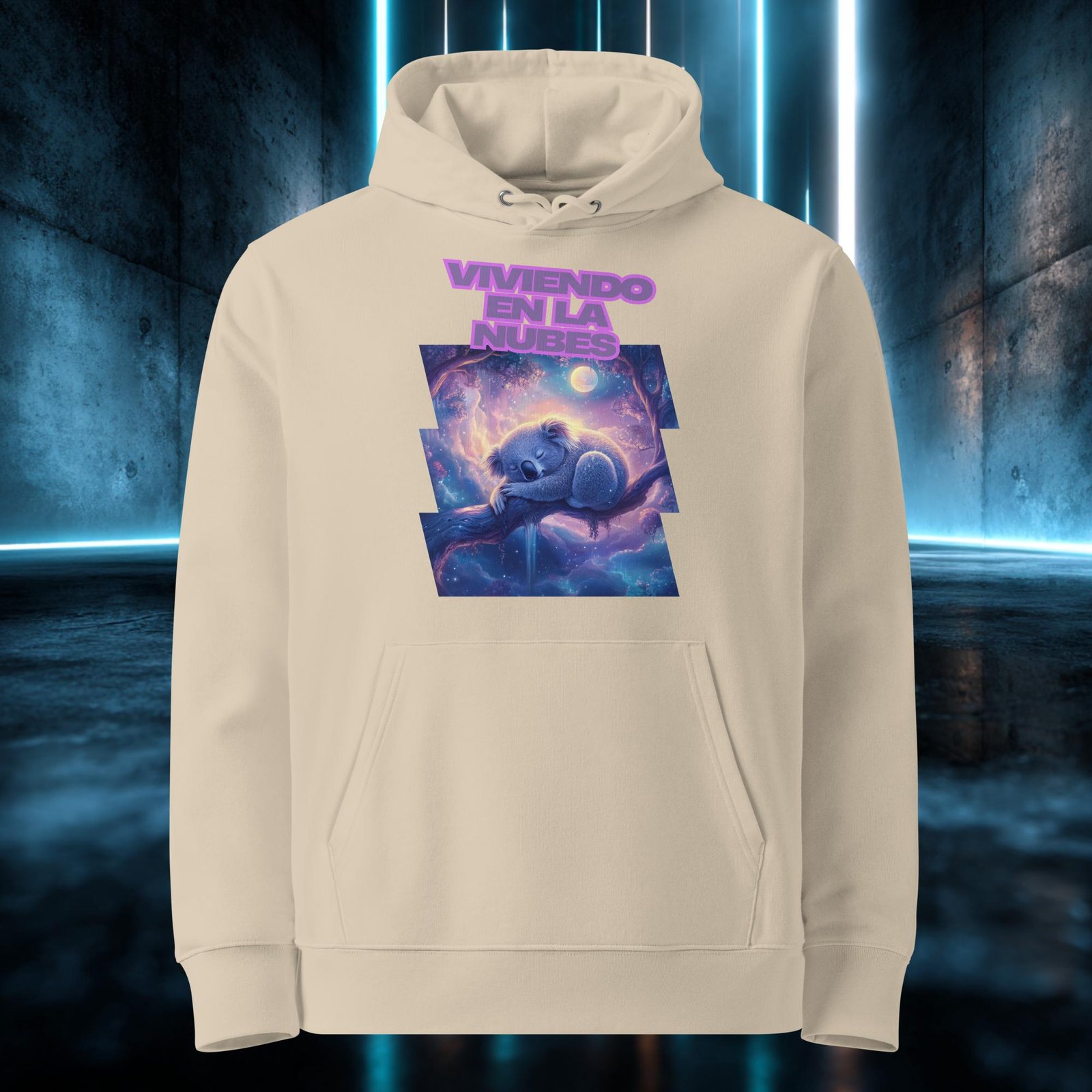 Sudadera orgánica con diseño Viviendo en las Nubes — detalle del estampado