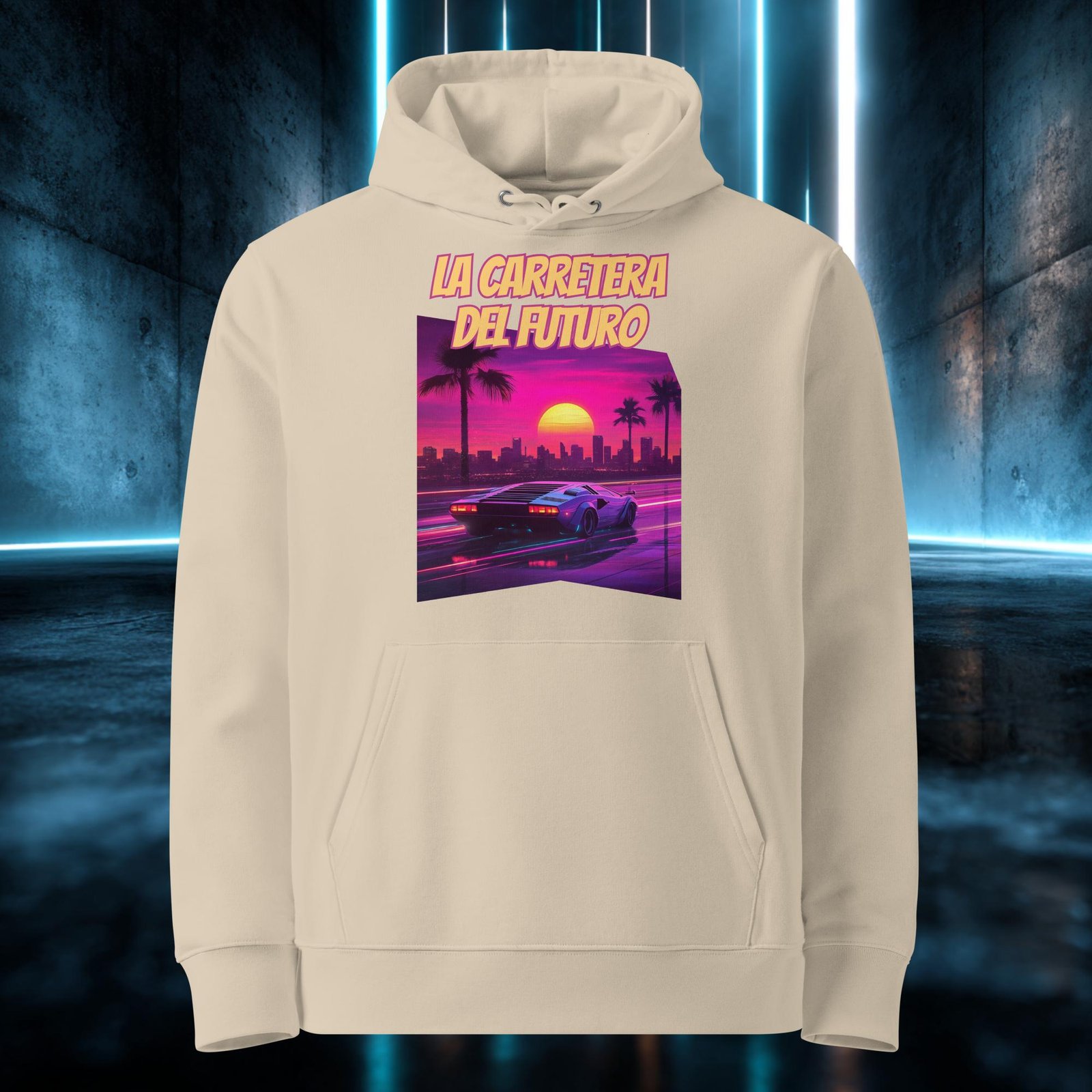 Sudadera orgánica con diseño La Carretera del Futuro — detalle del estampado