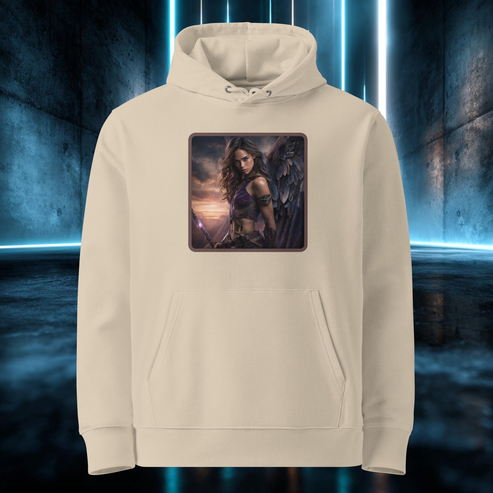 Sudadera orgánica con diseño Alas de Guerra — detalle del estampado