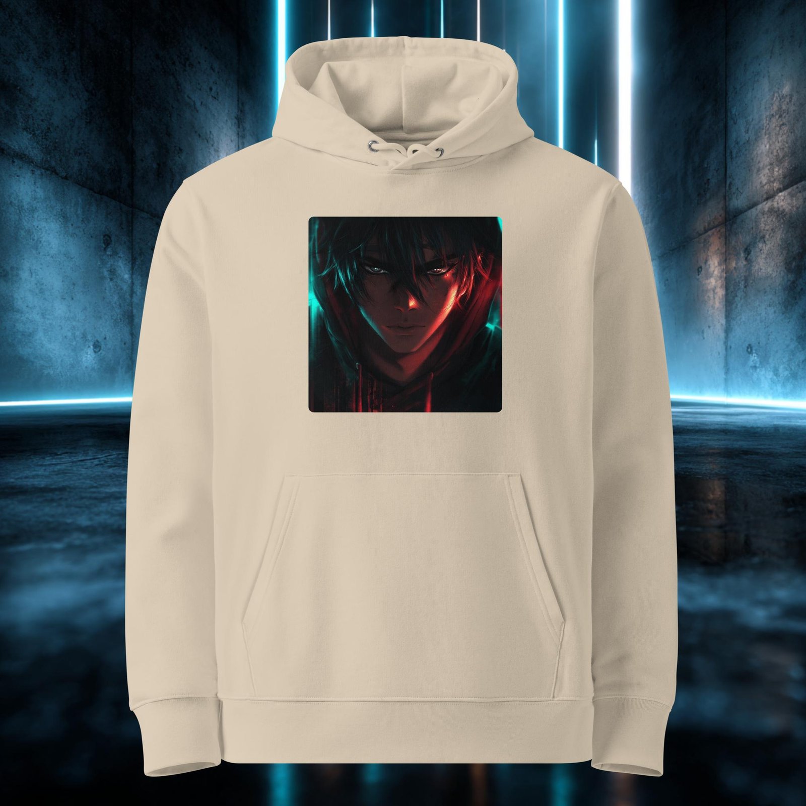 Sudadera orgánica con diseño Mirada de Acero — detalle del estampado