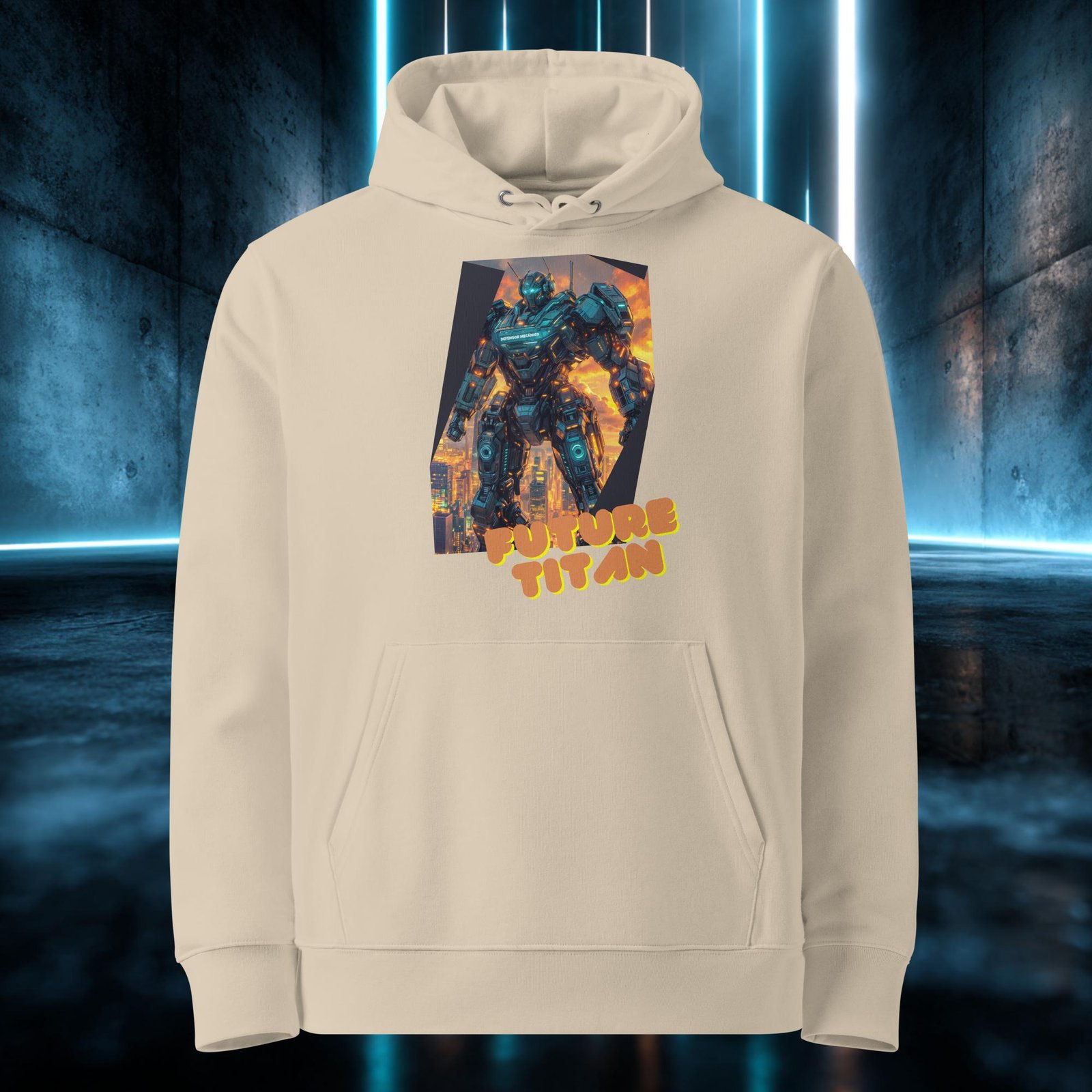 Sudadera orgánica con diseño Titán del Futuro — detalle del estampado