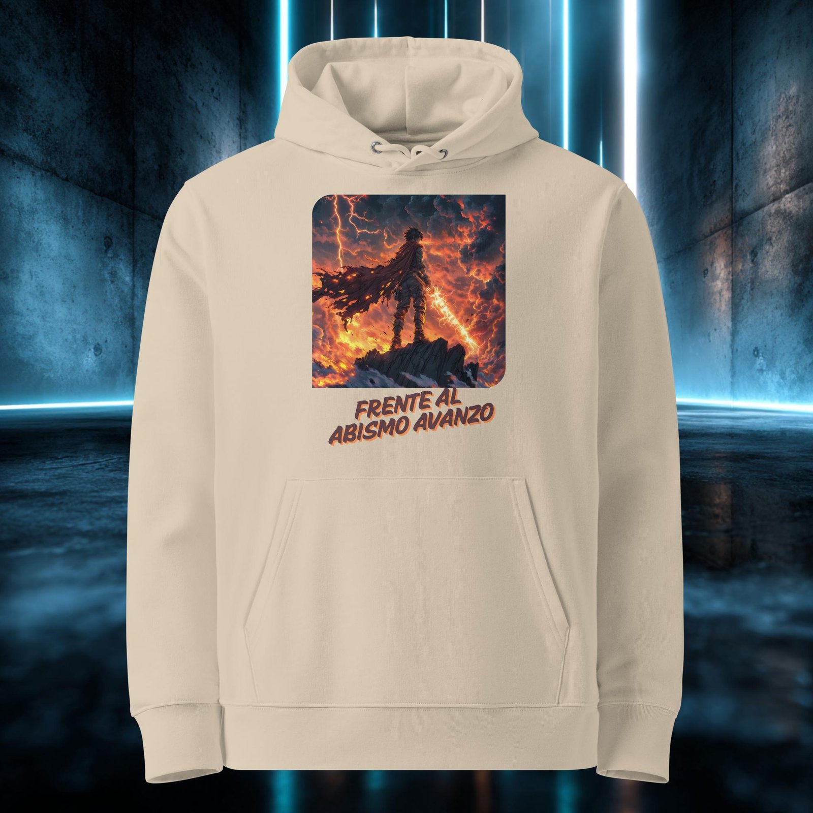 Sudadera orgánica con diseño Frente al Abismo Avanzo — detalle del estampado
