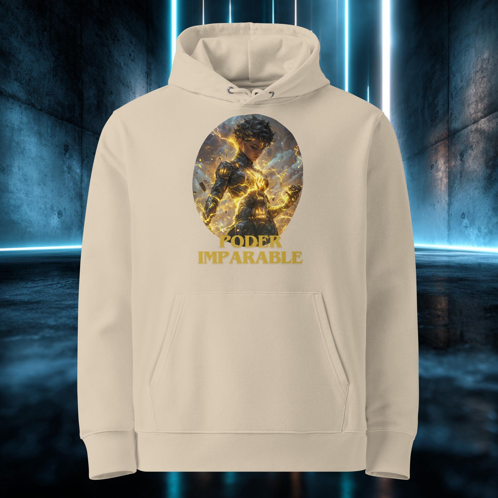 Sudadera orgánica con diseño Poder Imparable — detalle del estampado