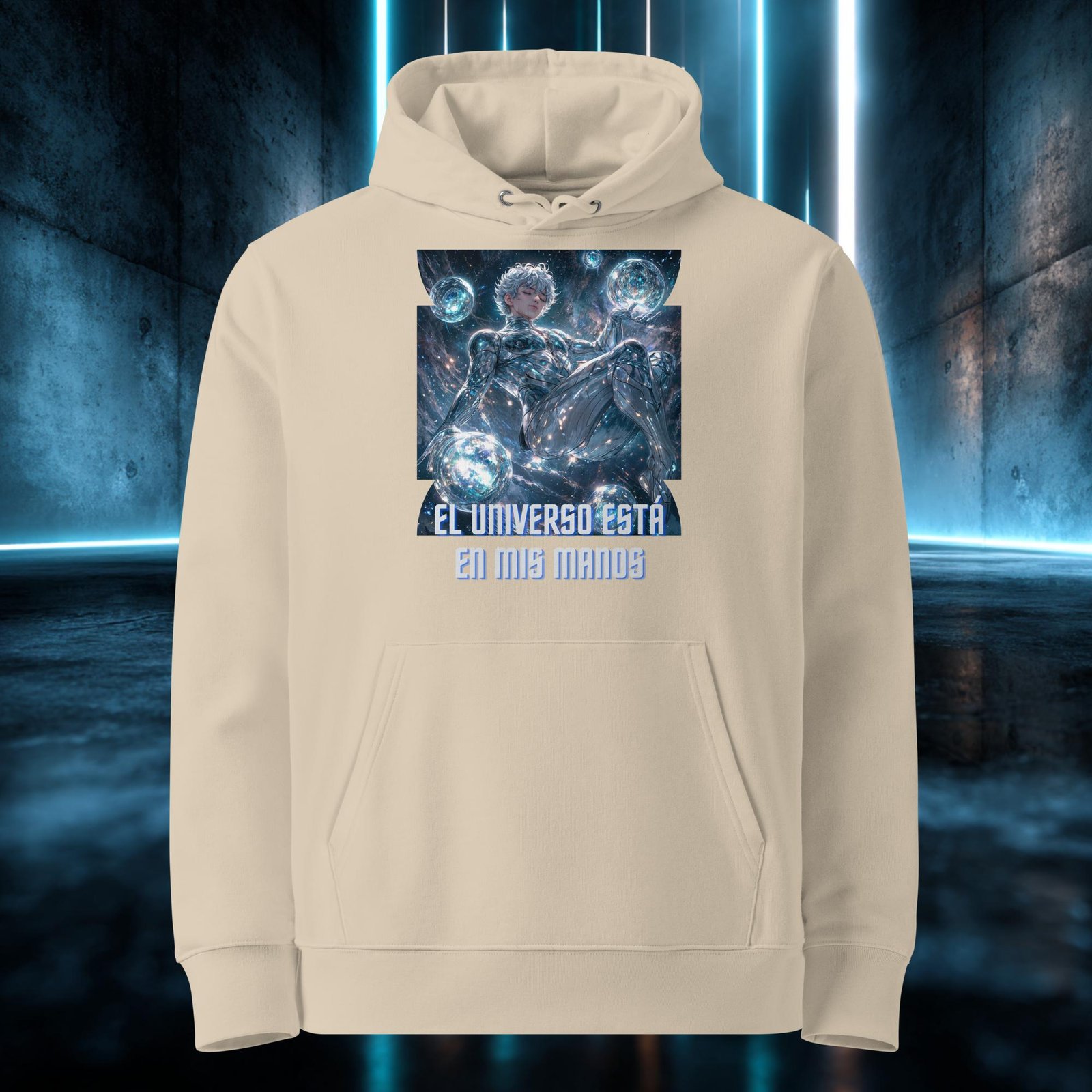 Sudadera con capucha de algodón orgánico en color arena con el diseño «El Universo en Mis Manos»