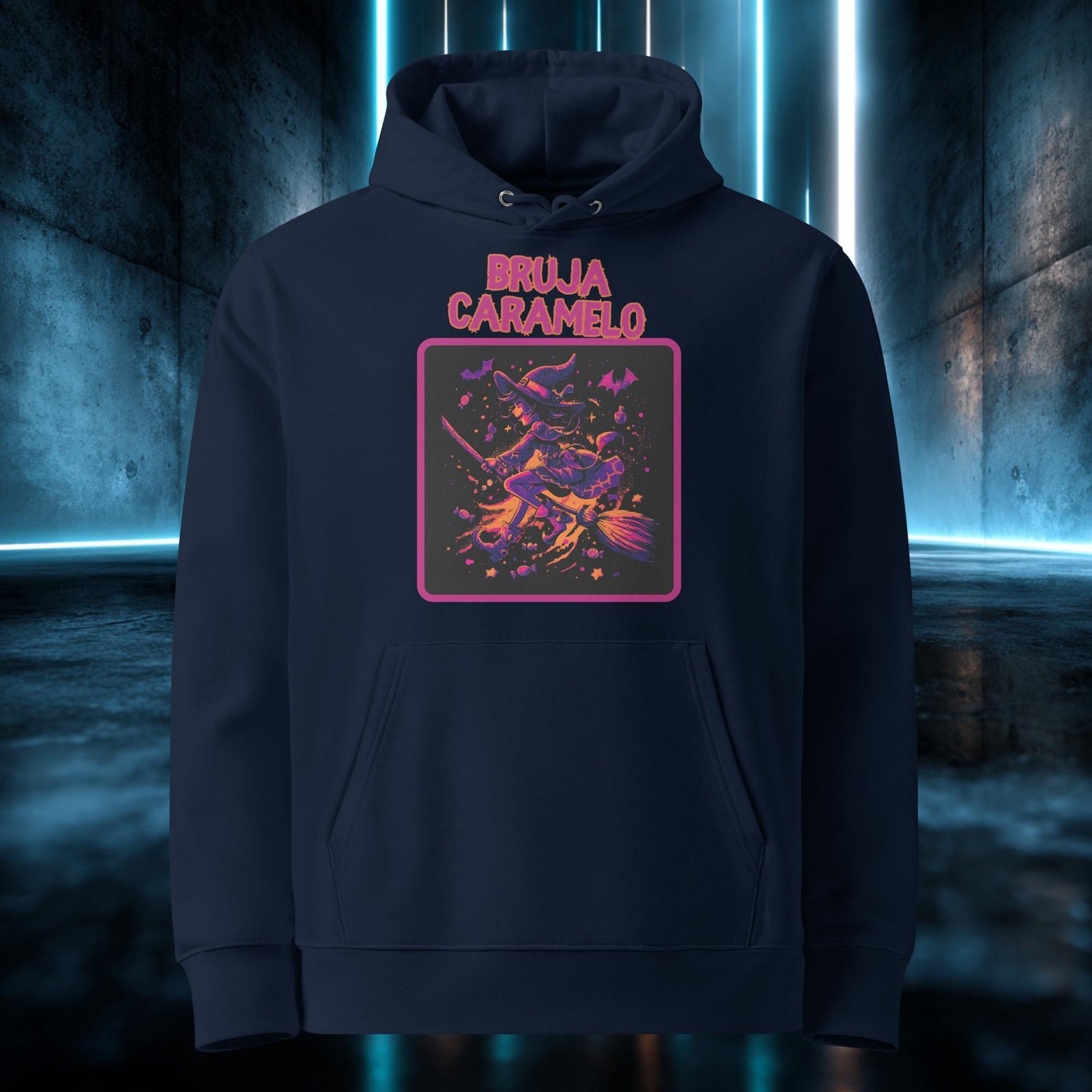 Sudadera con capucha de algodón orgánico en color azul marino con el diseño «Bruja Caramelo»