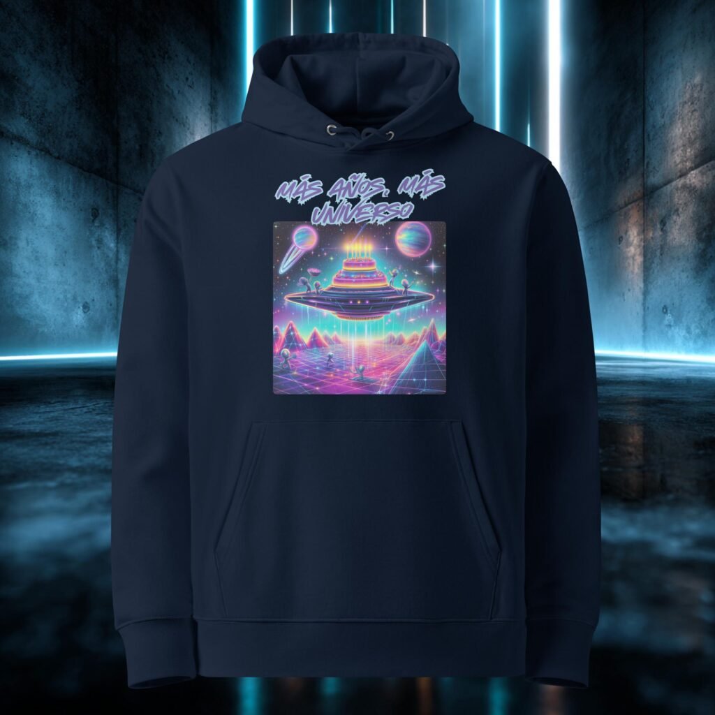 Sudadera orgánica con diseño Más Años, Más Universo