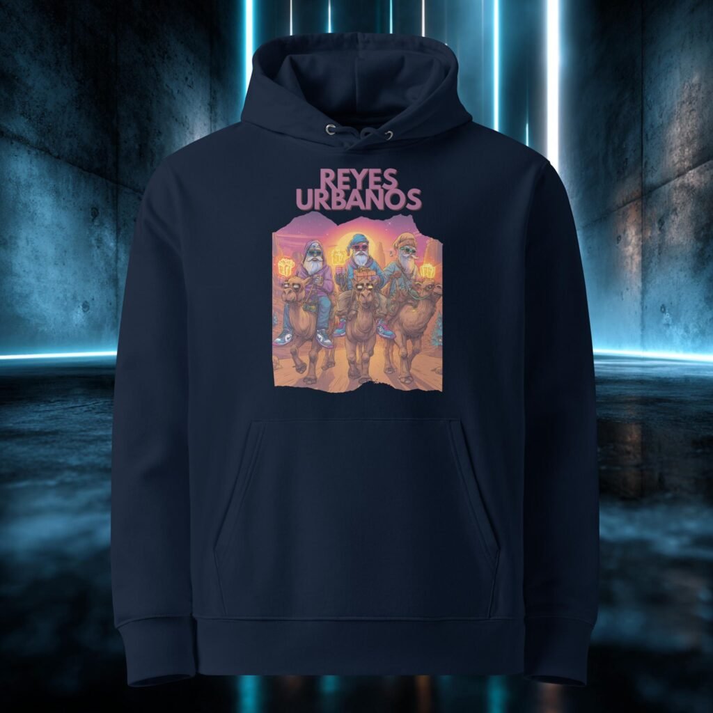 Sudadera con capucha de algodón orgánico en color azul marino con el diseño «Reyes Urbanos»