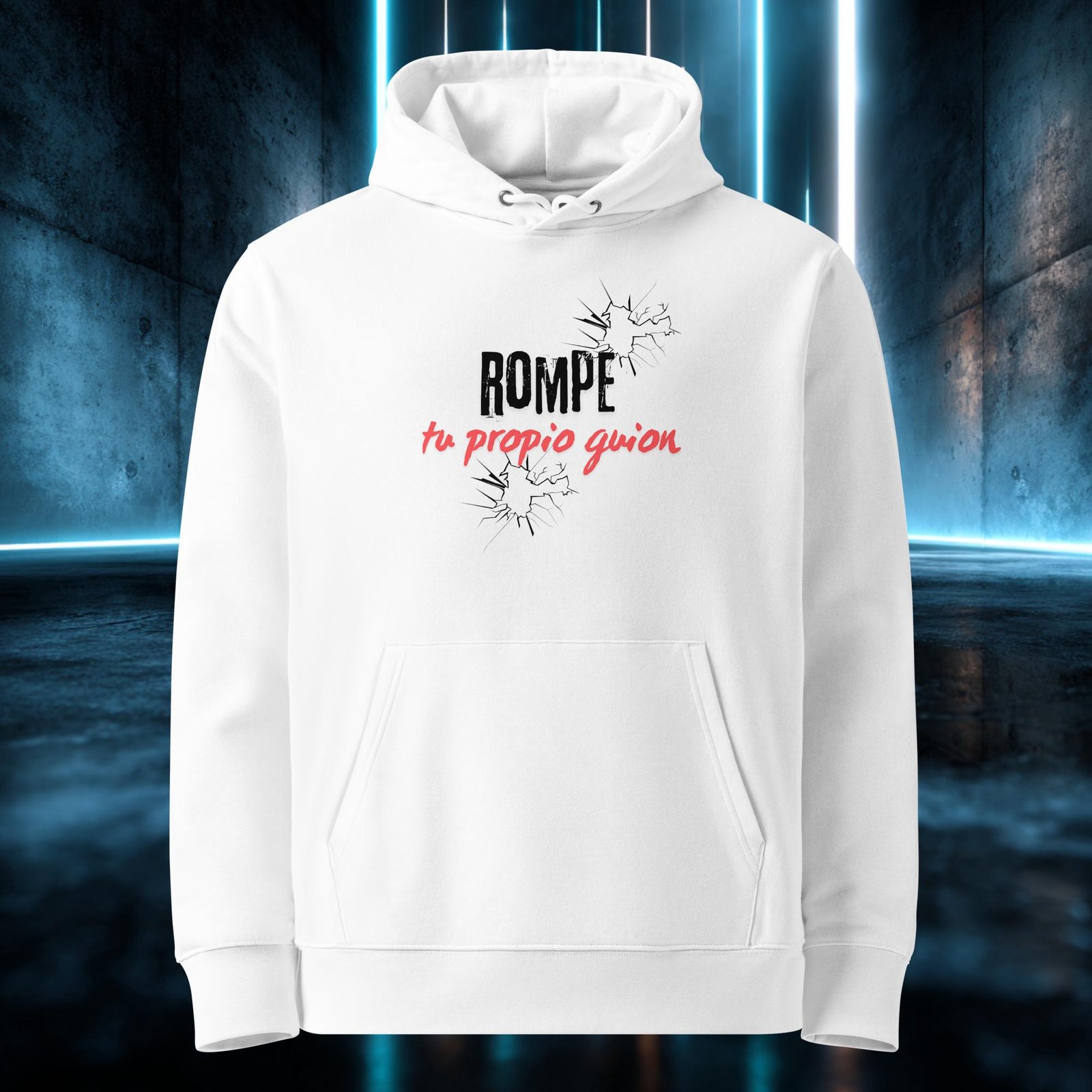 Sudadera orgánica con diseño Rompe tu Propio Guion — detalle del estampado