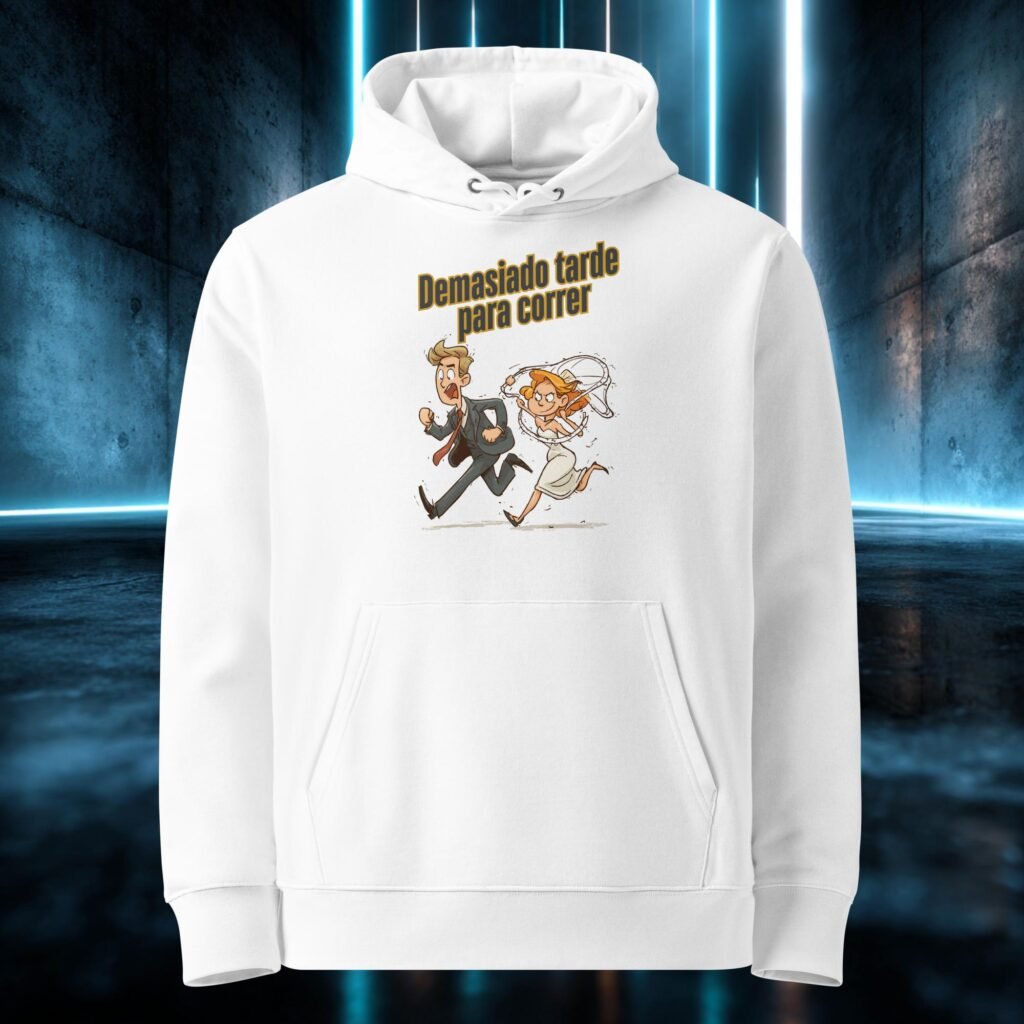 Sudadera orgánica con diseño Demasiado Tarde para Correr