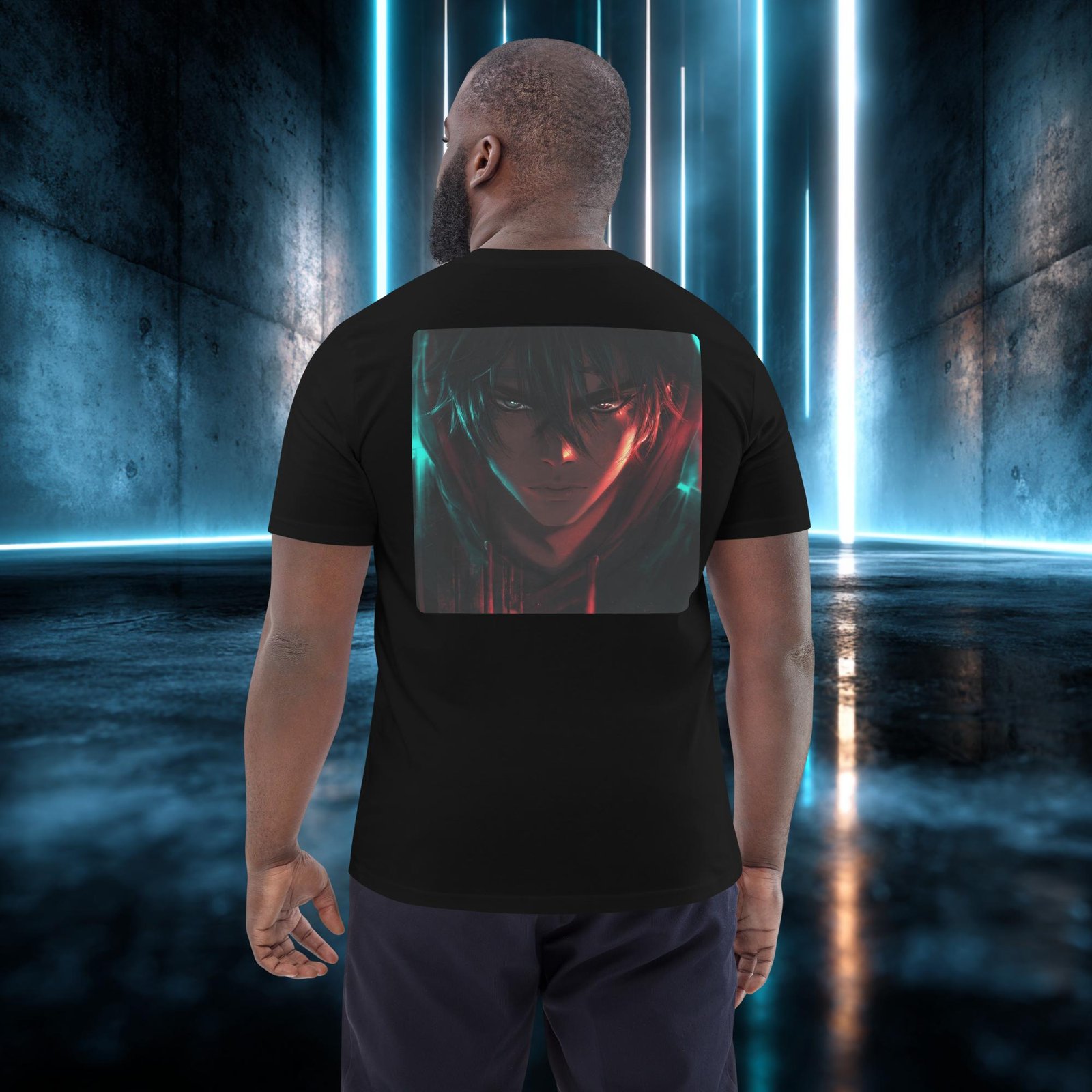 Camiseta orgánica con diseño Mirada de Acero — detalle del estampado
