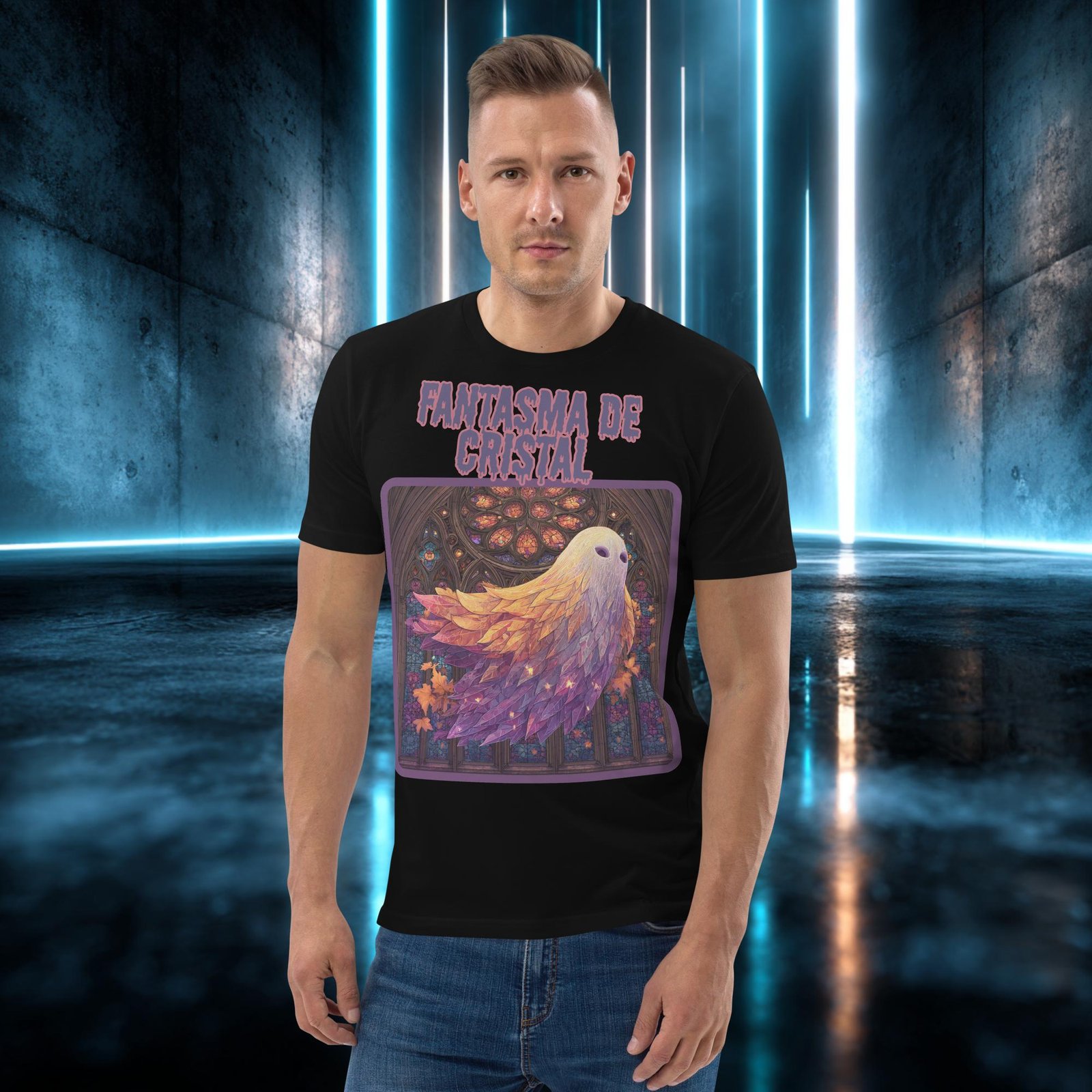 Camiseta orgánica con diseño Fantasma de Cristal — detalle del estampado