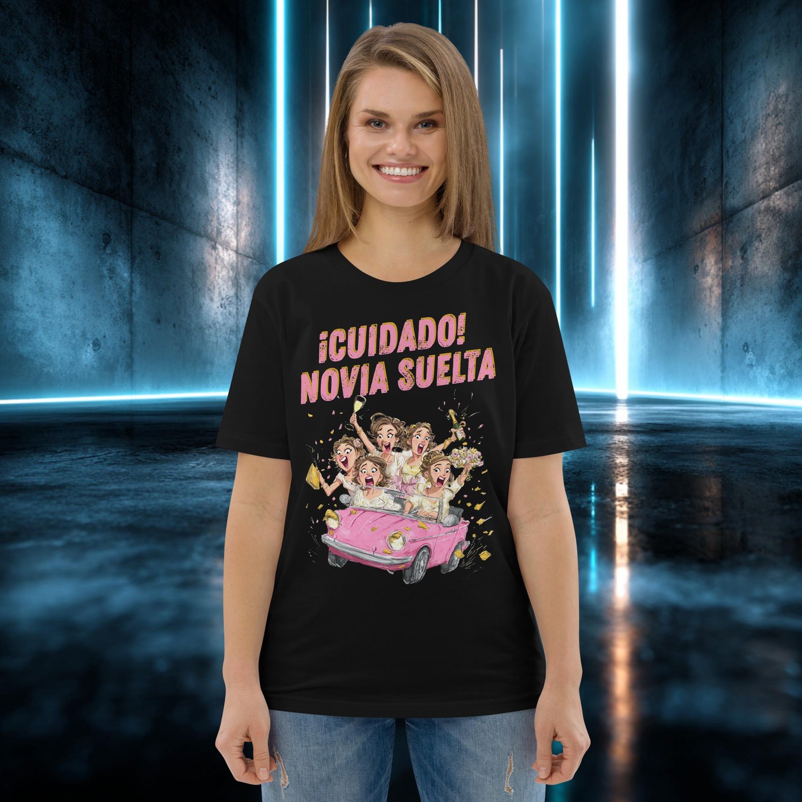 Camiseta orgánica con diseño Cuidado, Novia Suelta — detalle del estampado