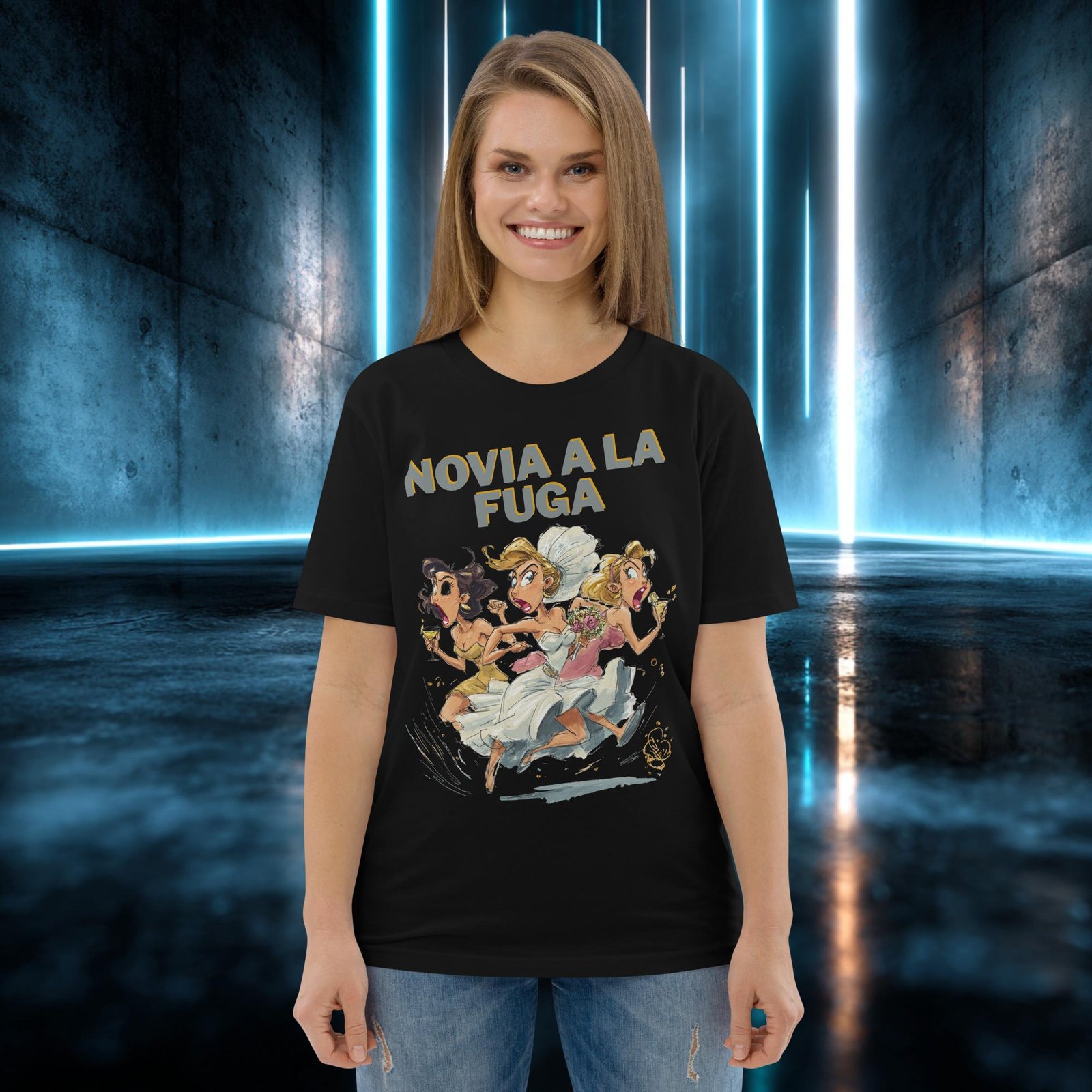 Camiseta orgánica con diseño Novia a la Fuga — detalle del estampado