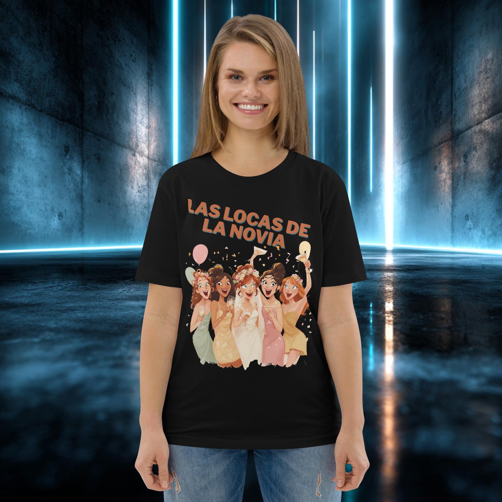 Camiseta orgánica con diseño Las Locas de la Novia — detalle del estampado