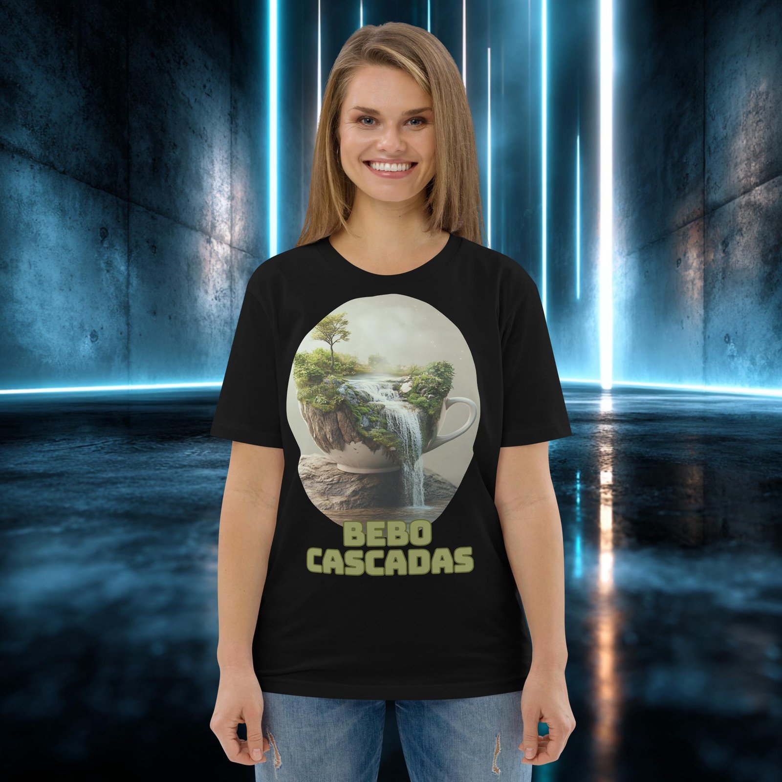 Camiseta orgánica con diseño Bebo Cascadas — detalle del estampado