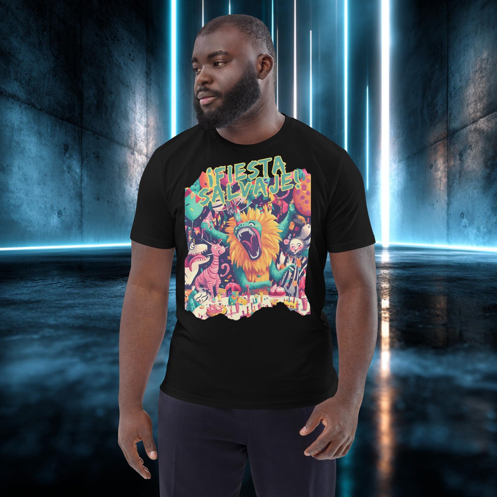 Camiseta orgánica con diseño Fiesta Salvaje — detalle del estampado
