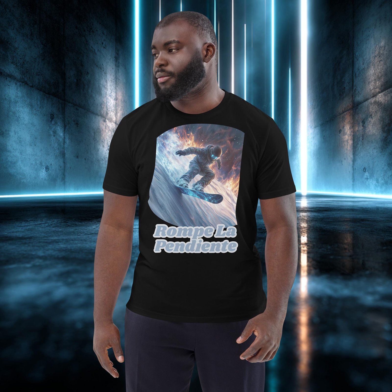 Camiseta orgánica con diseño Rompe la Pendiente — detalle del estampado