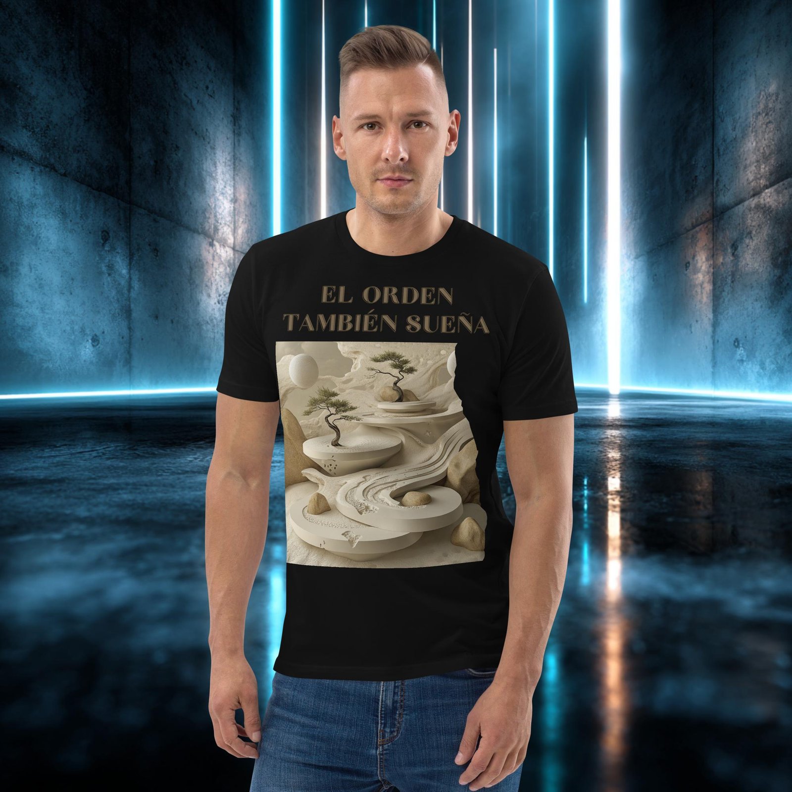 Camiseta orgánica con diseño El Orden También Sueña — detalle del estampado