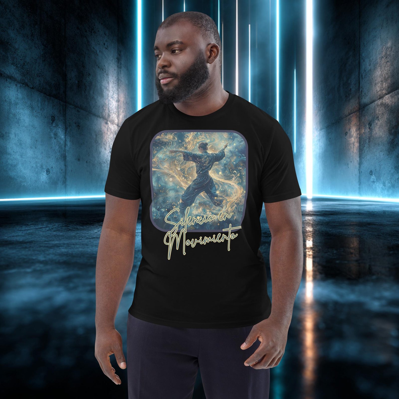 Camiseta orgánica con diseño Silencio en Movimiento — detalle del estampado
