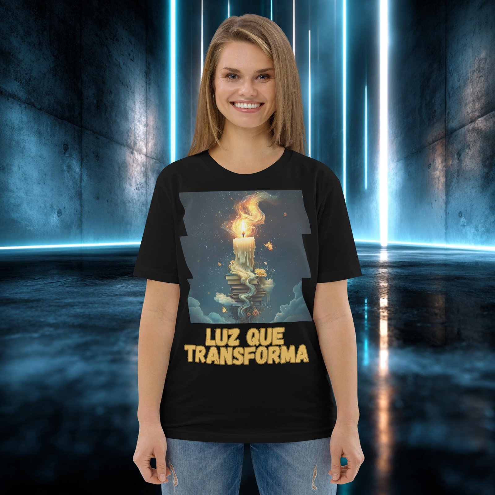 Camiseta orgánica con diseño Luz que Transforma — detalle del estampado