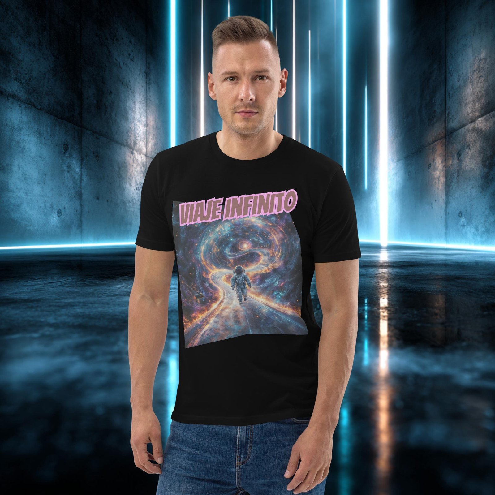 Camiseta orgánica con diseño Viaje Infinito — detalle del estampado