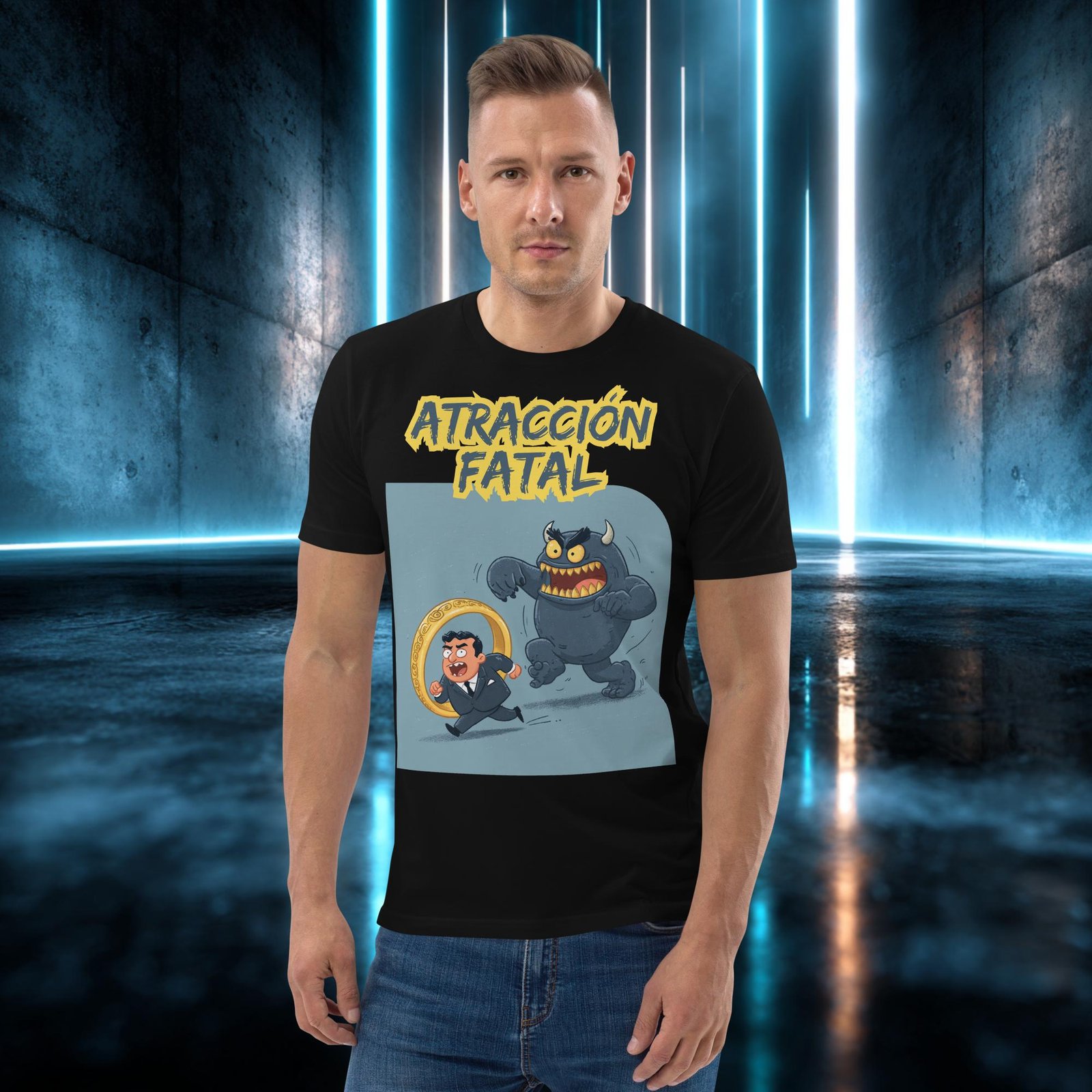 Camiseta orgánica con diseño Atracción Fatal — detalle del estampado