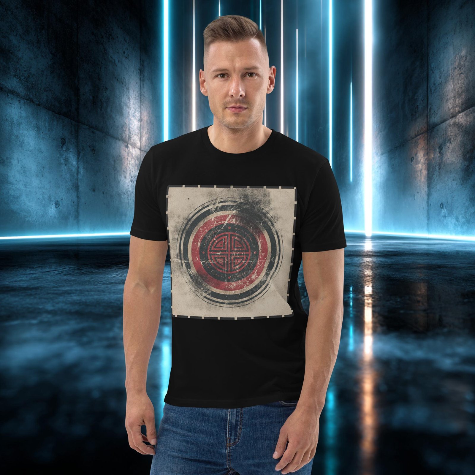 Camiseta orgánica con diseño Emblema Antiguo — detalle del estampado