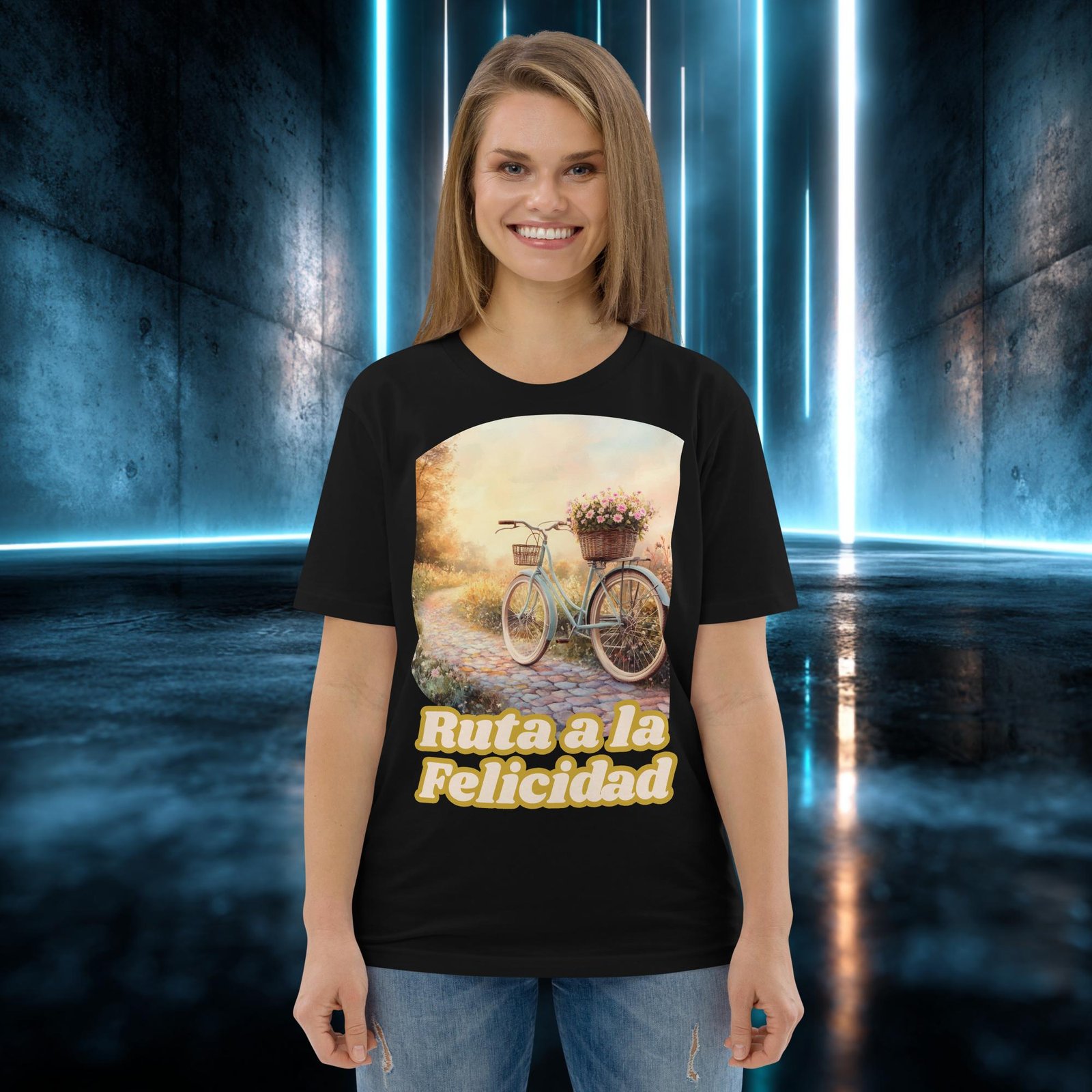 Camiseta orgánica con diseño Ruta a la Felicidad — detalle del estampado