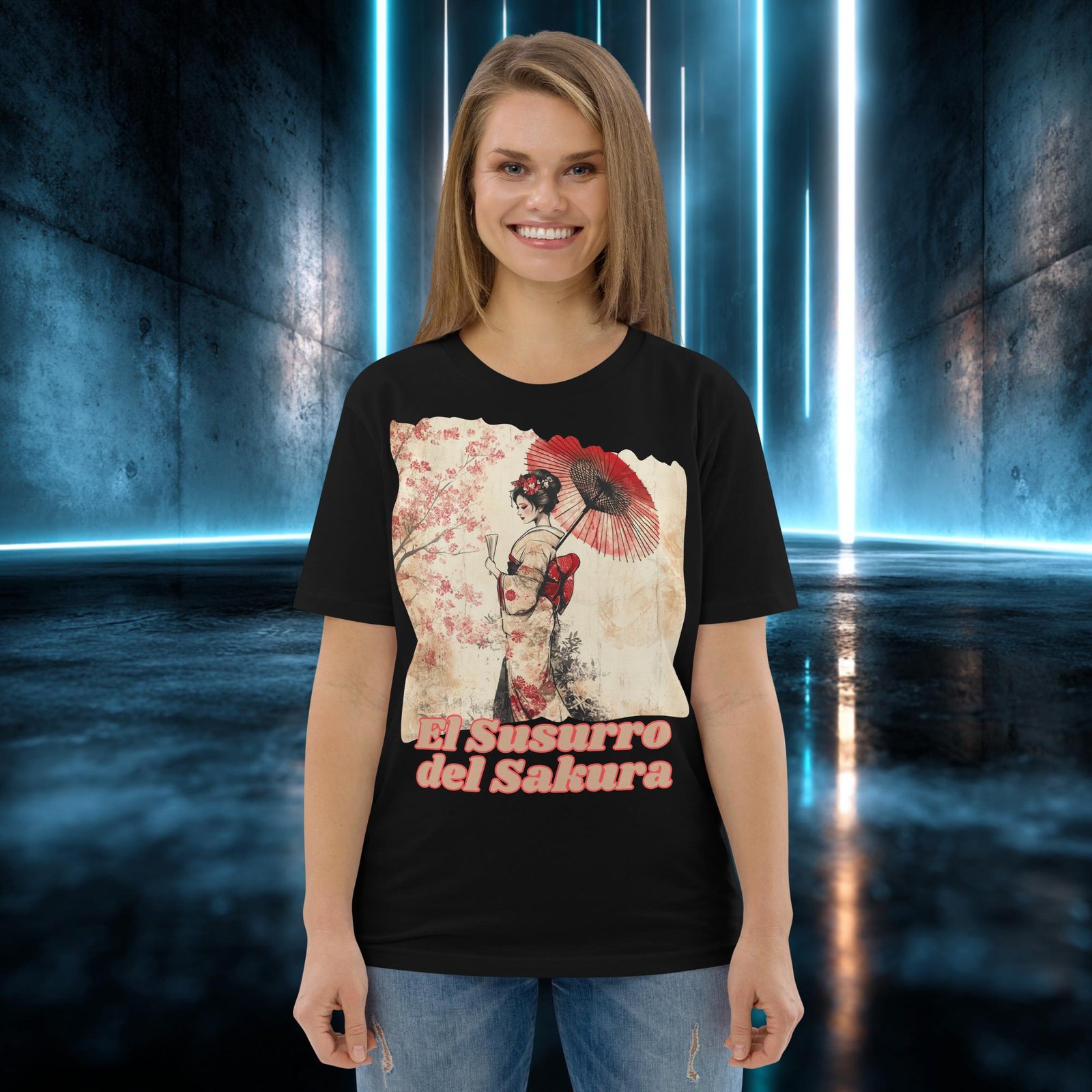 Camiseta orgánica con diseño El Susurro del Sakura — detalle del estampado
