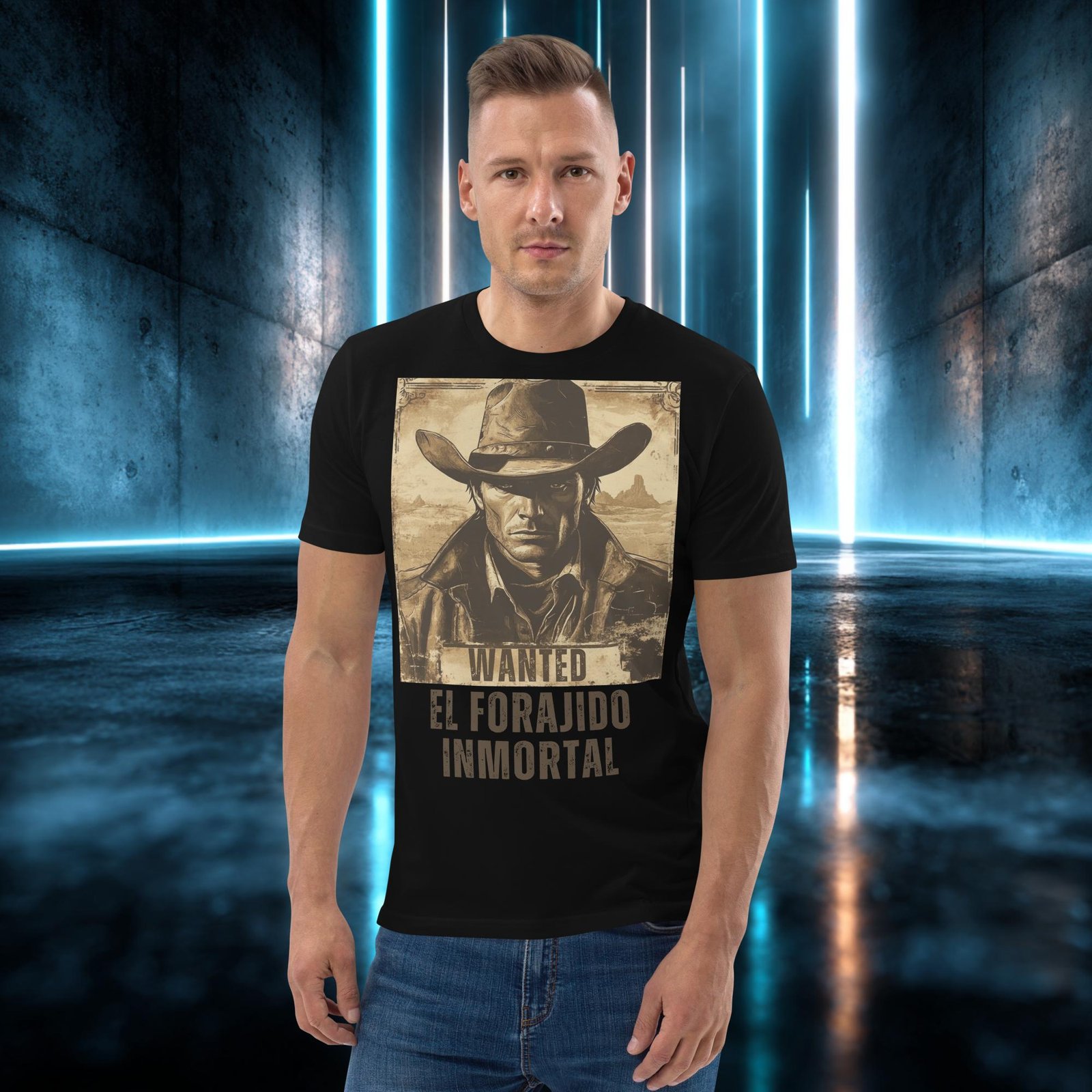 Camiseta orgánica con diseño El Forajido Inmortal — detalle del estampado