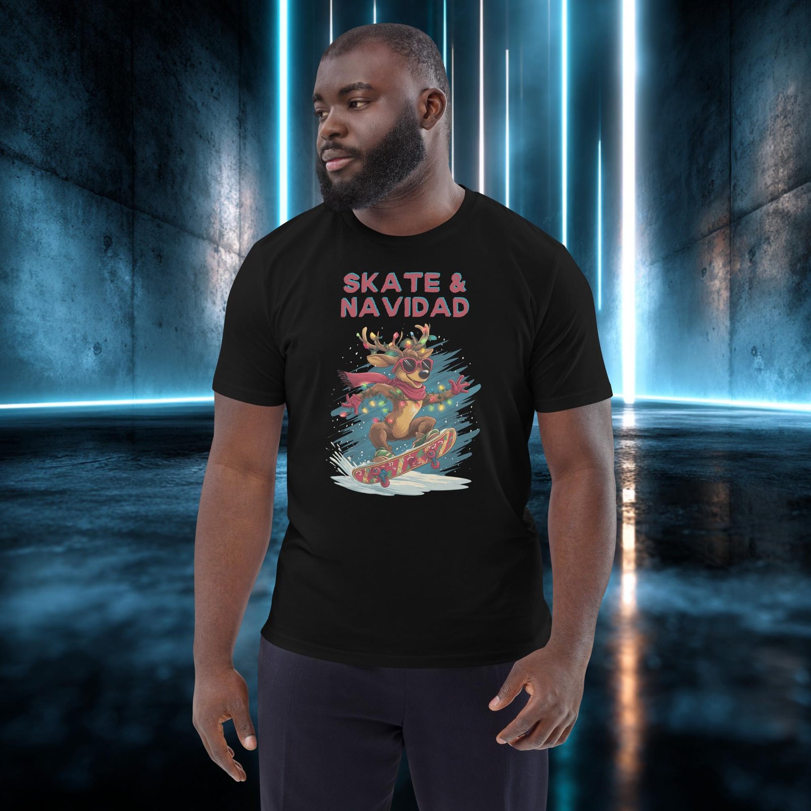 Camiseta orgánica con diseño Reno en la Tabla — detalle del estampado