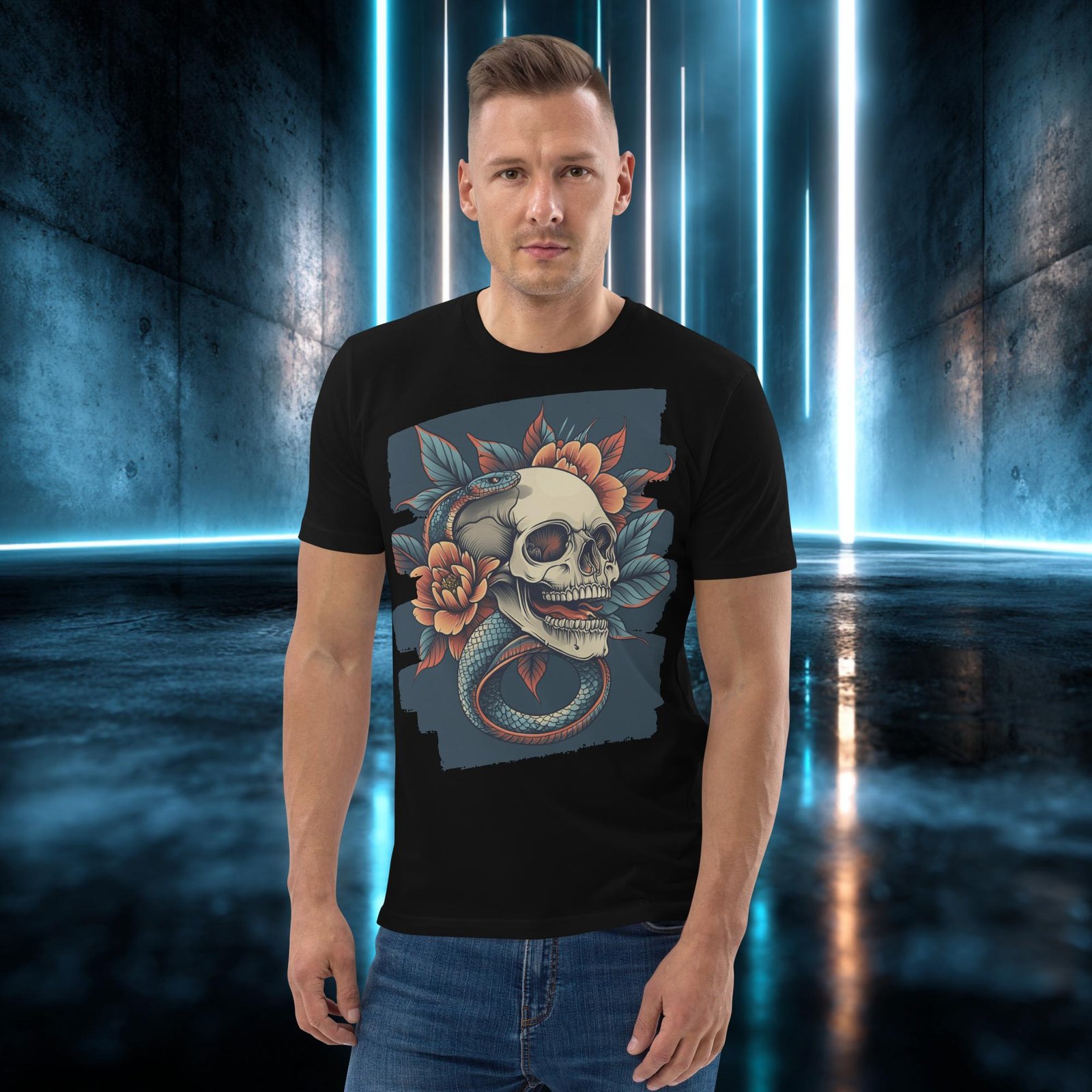 Camiseta orgánica con diseño Calavera entre Peonías — detalle del estampado