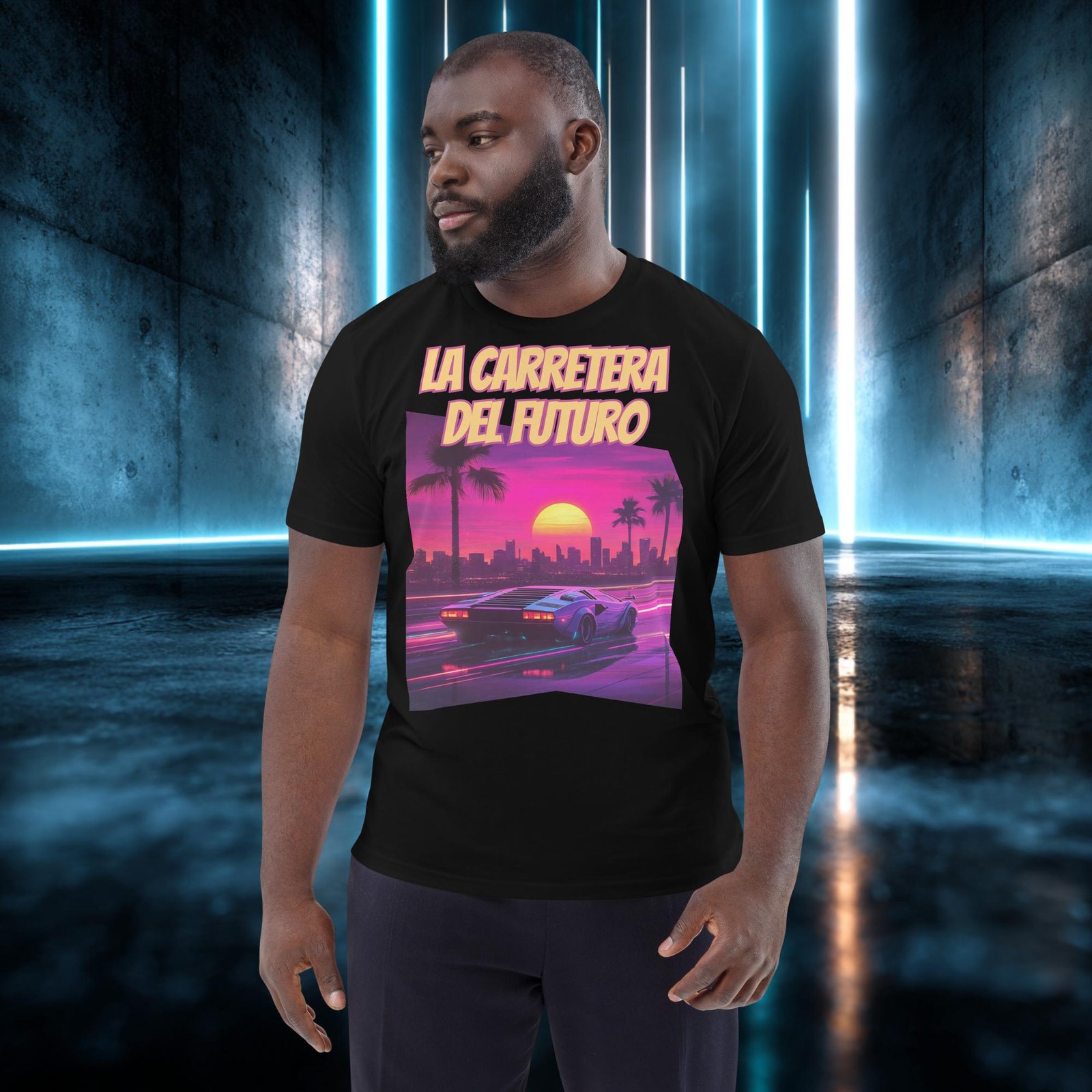 Camiseta orgánica con diseño La Carretera del Futuro — detalle del estampado