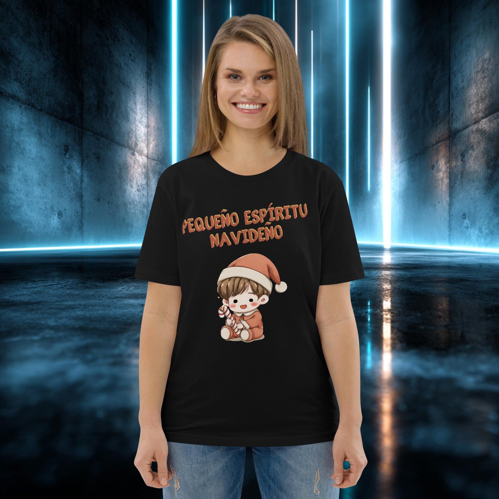 Camiseta orgánica con diseño Pequeño Espíritu Navideño — detalle del estampado