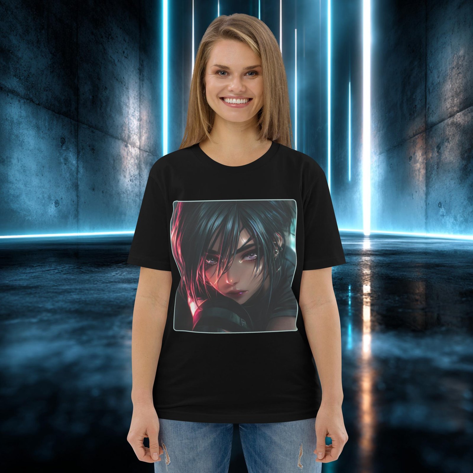 Camiseta orgánica con diseño Ojos que No Ceden — detalle del estampado
