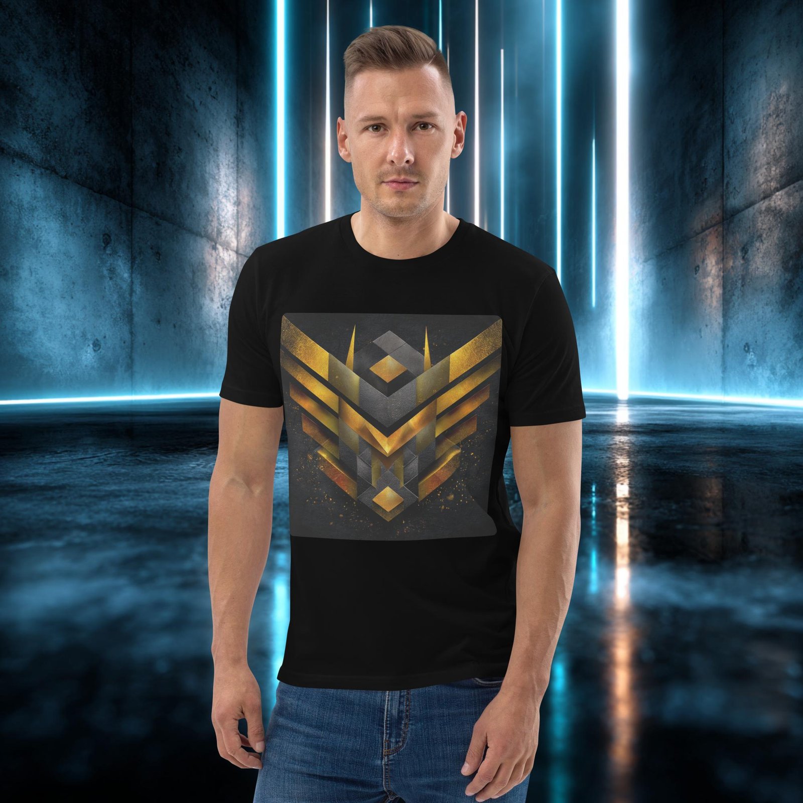 Camiseta orgánica con diseño Emblema Dorado — detalle del estampado