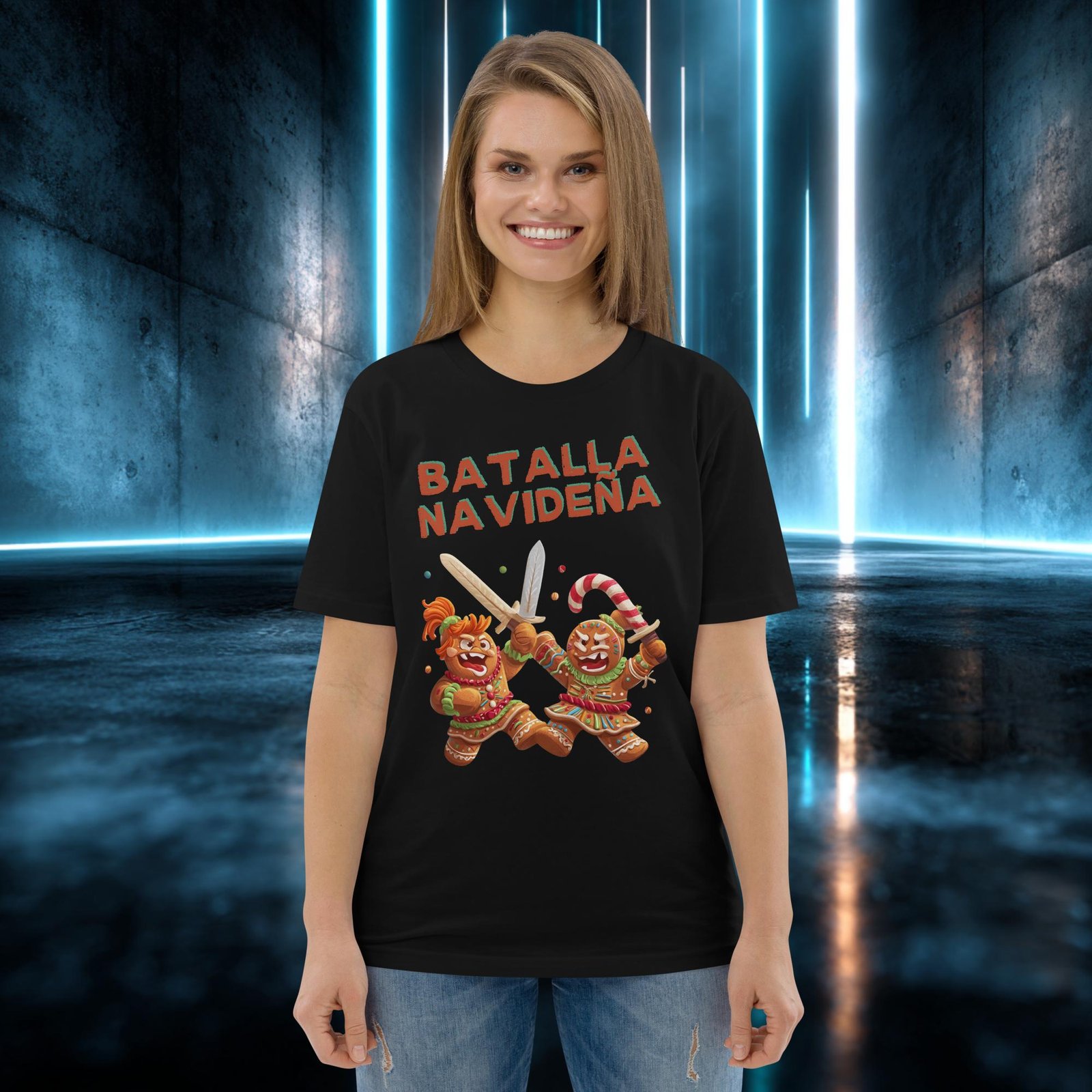 Camiseta orgánica con diseño Batalla Navideña — detalle del estampado