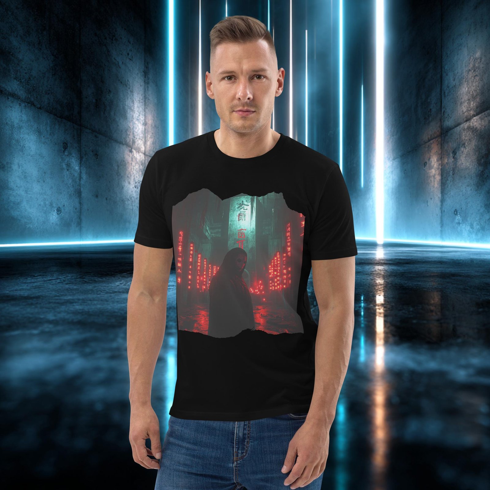 Camiseta orgánica con diseño El Encapuchado Rojo — detalle del estampado
